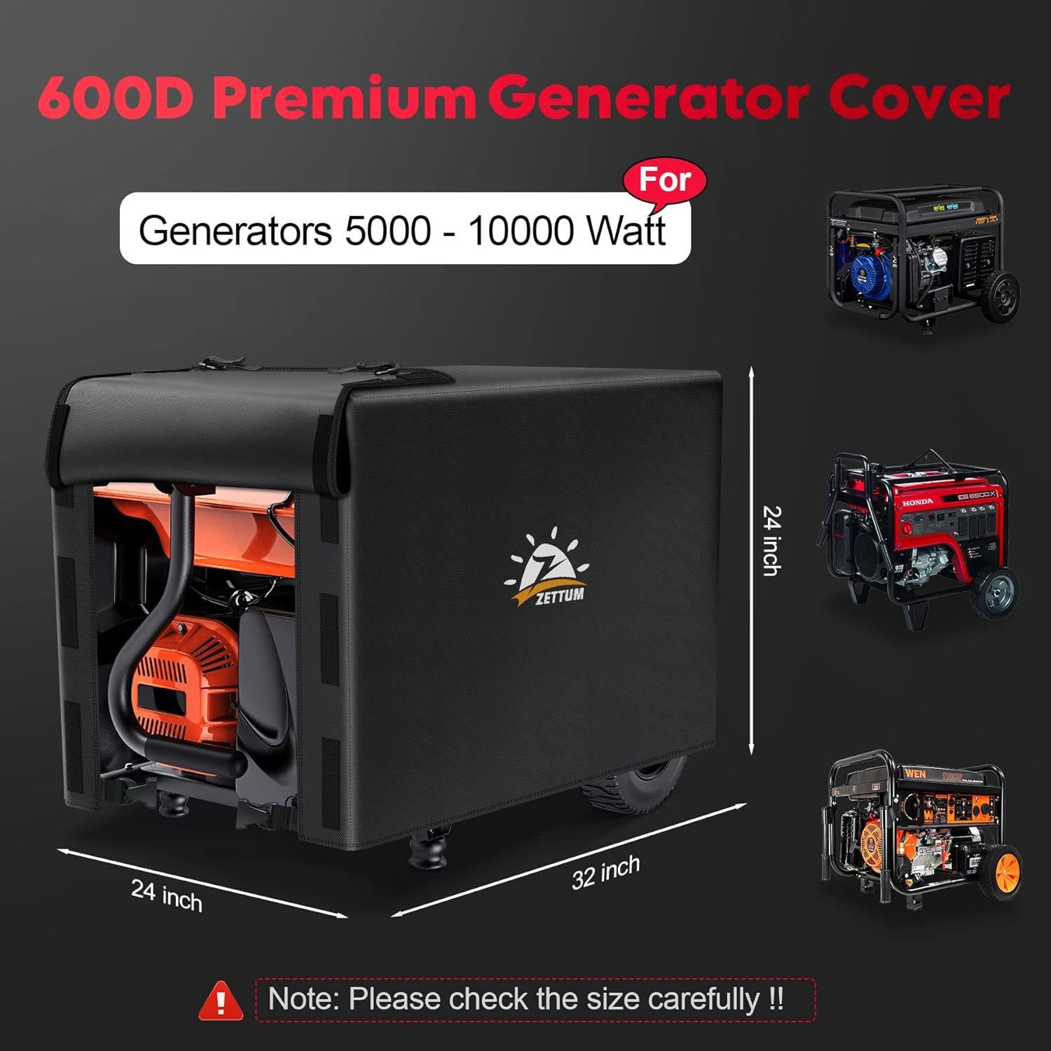 Zettum Generator Cover 32 Inch - 600D Outdoor Generator Covers Heavy Duty Waterproof, Small outside Equipment Cover for Duromax, Westinghouse, Champion, Predator, Honda Portable Generator 5000-10000W - Black - 32 Inch image number 4