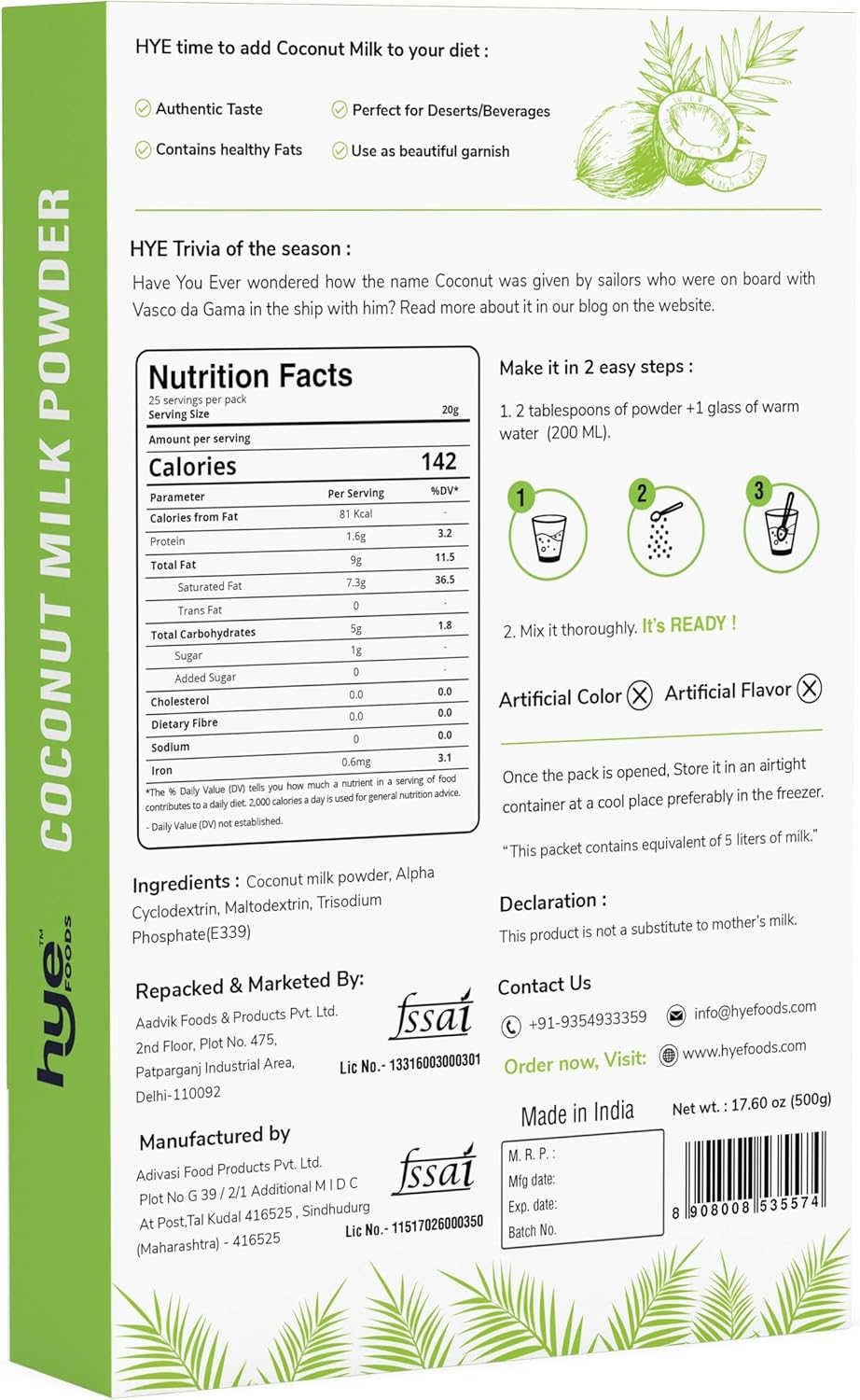 HYE Vegan Coconut Milk Powder | 500G image number 4