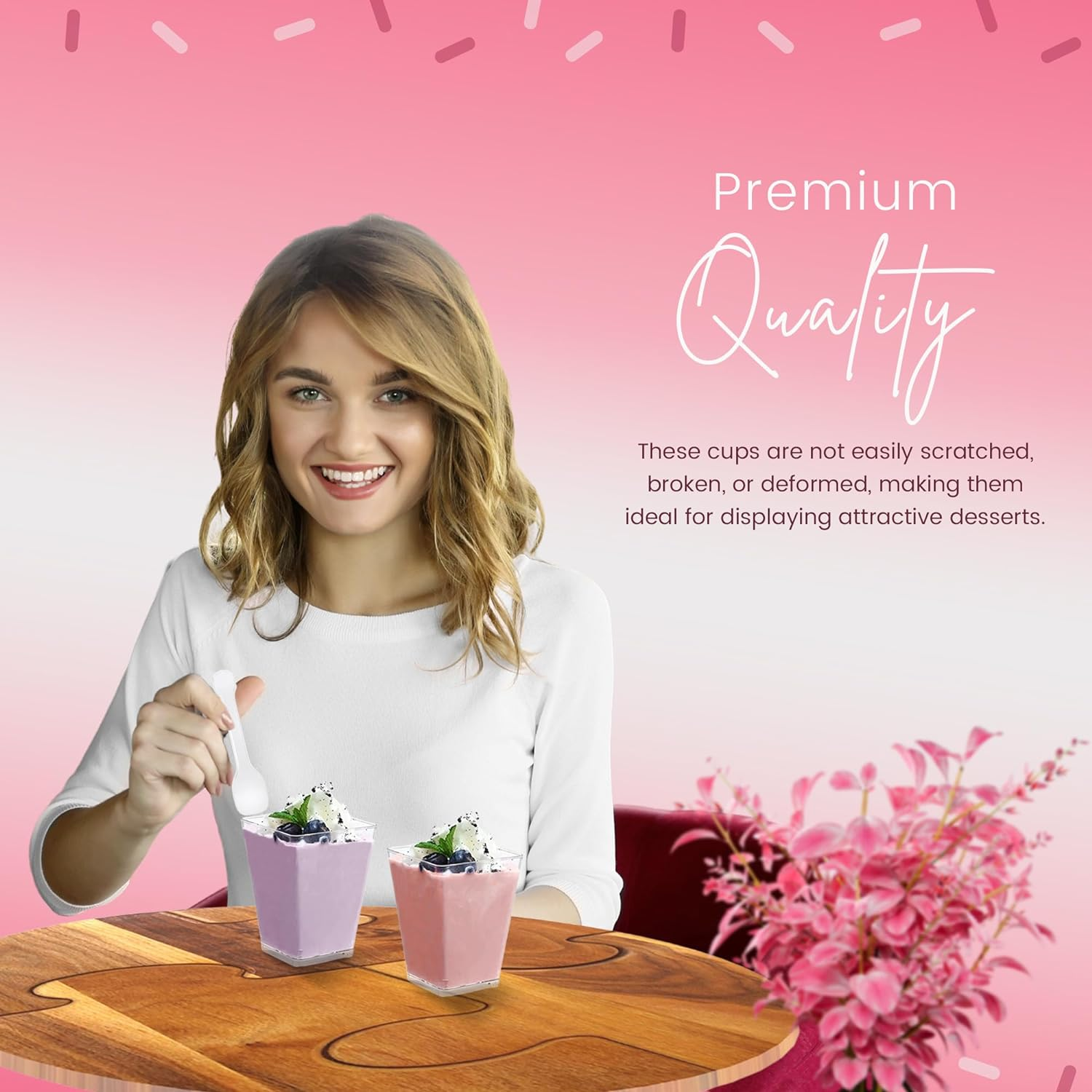 100 X 5Oz/150Ml Mini Cups with 100 Spoons - Reusable Clear Dessert Cups - Clear Dessert Shooter Cups BPA Free - Small Dessert Cups for Appetizer, Puddings, Mousse, Yogurt and Ice Cream image number 6