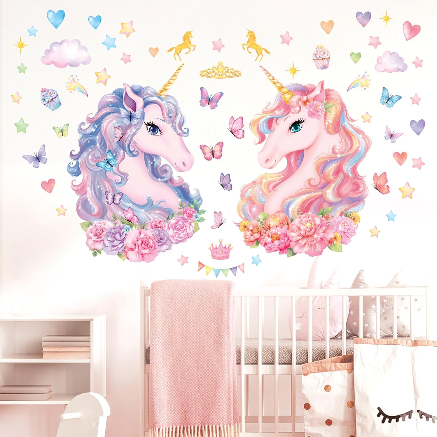 DECOWALL SG2-2412 Large Unicorn Wall Stickers Kids Peel and Stick Removable Nursery D&eacute;cor Girls Boys Bedroom Room Rainbow Art Stars Birthday Baby Home Party Decorations Living Playroom