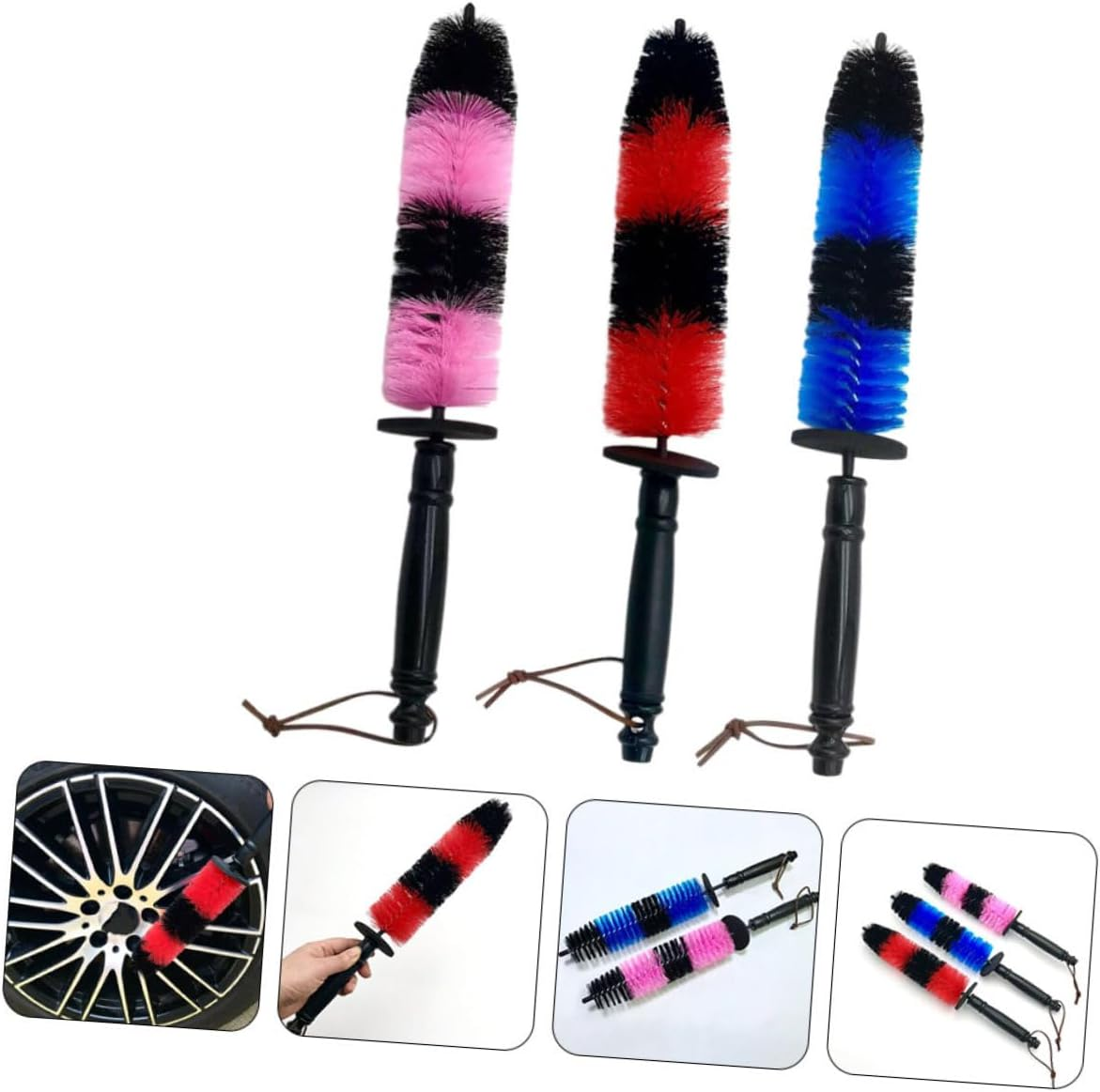 GRIRIW 3-Pcs Wheel Cleaning Brush Set with Red Elastic Bristles and Extended Rim Wire Design for Car Tire and Rim Care, Sturdy Tire Cleaning Brushes for Automotive Detailing and Wheel Maintenance image number 5