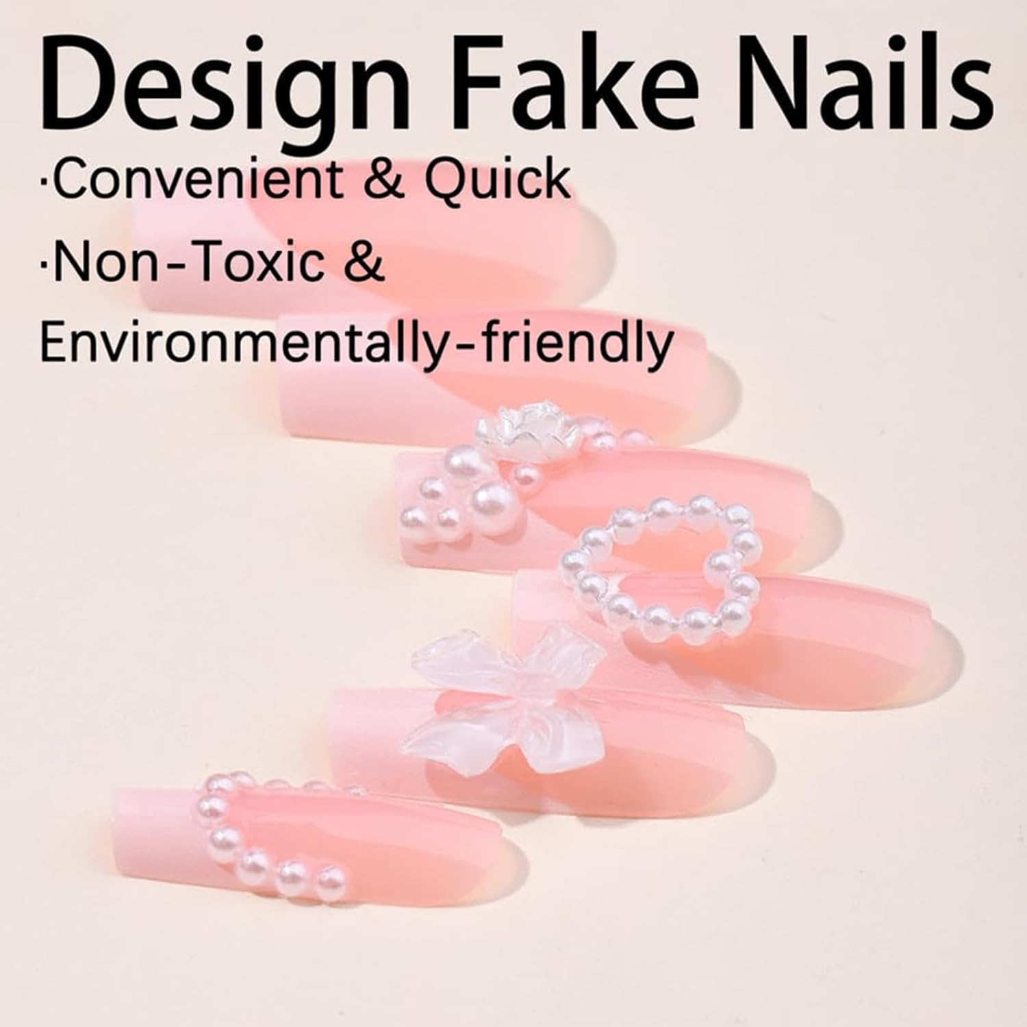 Qioon 24 Pcs French Tip Press on Nails with Charms, Medium Long Pink Coffin Fake Nails with Heart, Rose, Pearl, and Bow Designs for Women and Girls, Cute Stick on Fingernails for Daily Wear image number 2