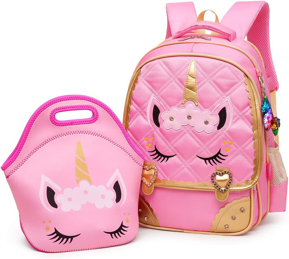 Moonmo Cute Unicorn Face Diamond Sequins Waterproof Princess School Backpack Set Girls Book Bag