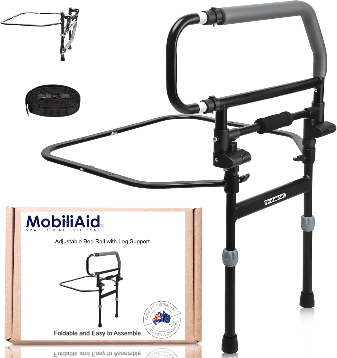 Heavy Duty Bed Rails for Elderly Adults (150Kg Capacity) - Foldable Support Handle W/Adjustable Legs &ndash; Any Size/Queen/King Size Bed Rail for Elderly Safety - Australian Owned Mobility Aid image number 2