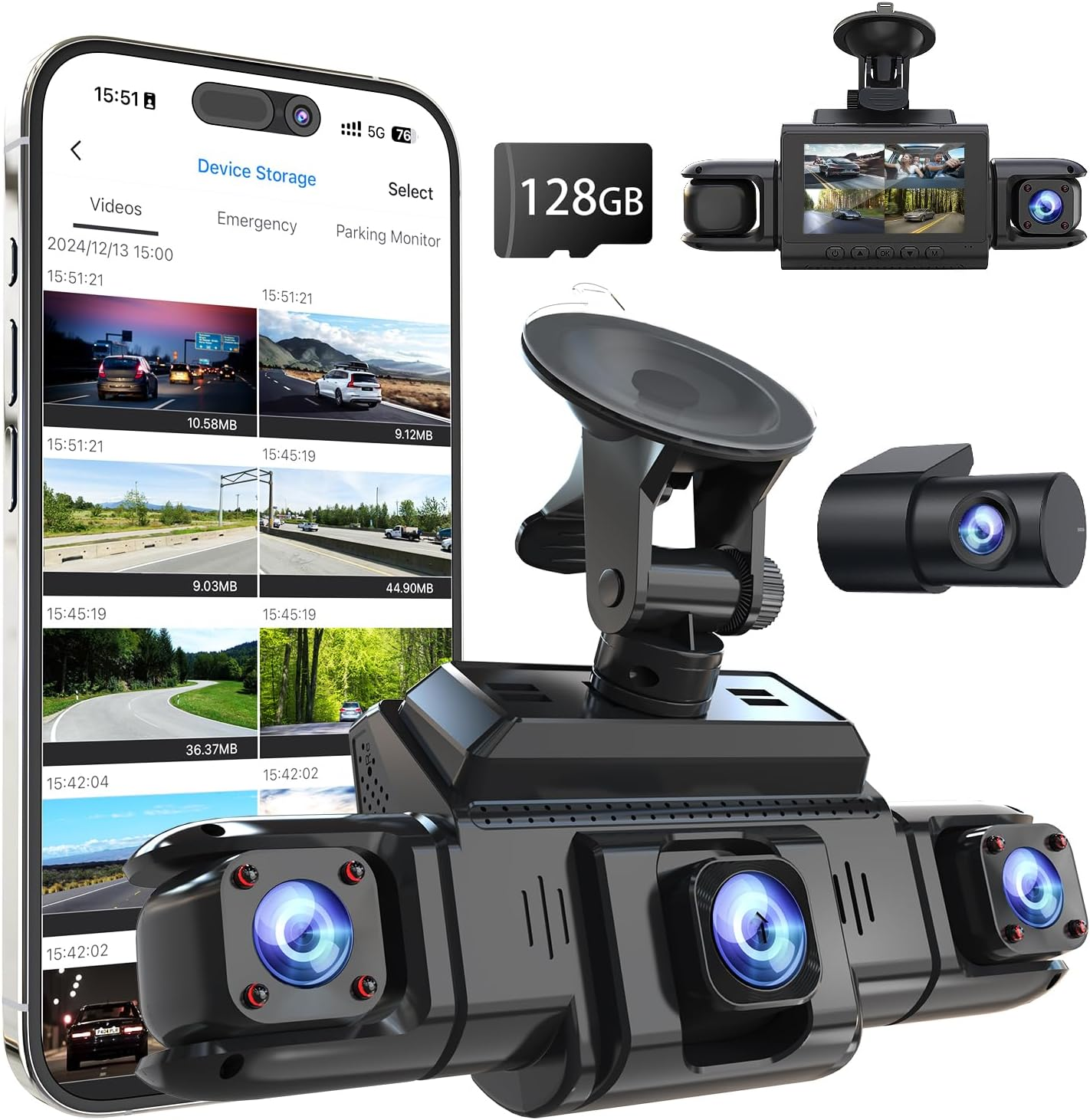 360 View 4 Channel Dash Cam Front and Rear Left Right inside Camera for Cars, GPS and 5G Band Wifi, Night Vision, 160 Wide Angle, WDR, 24H Parking Mode, Supercapacitor, Included 128GB Card image number 1