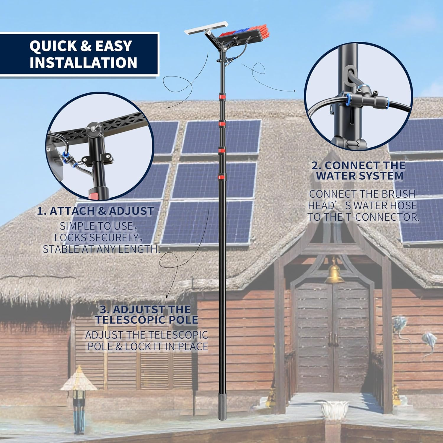 24FT Solar Panel Cleaning Brush & Squeegee Kit,Proffesional Window Washing Tool,Water Fed Pole,Roof、Window and Photovoltaic Panel Washing Cleaner Equipment Kit