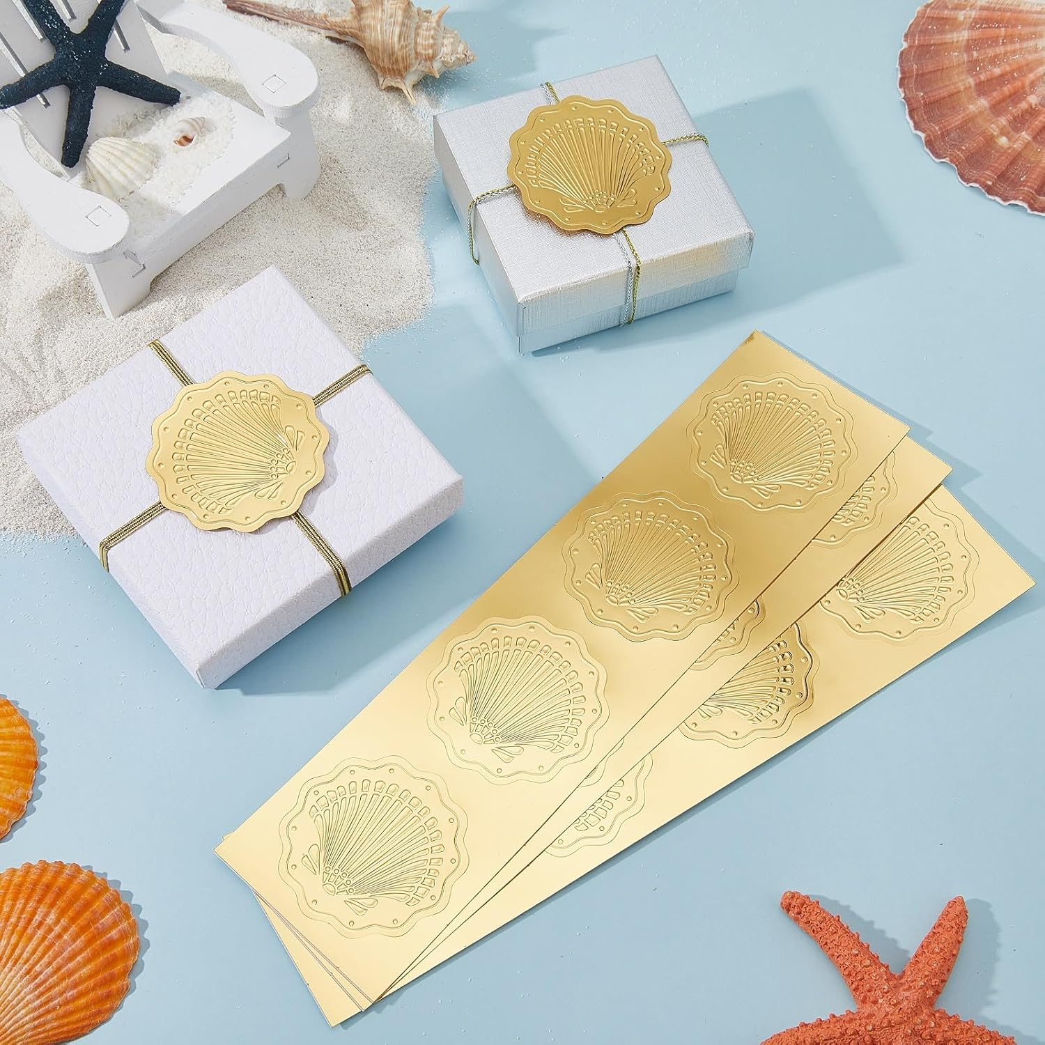 CRASPIRE Sea Shell Stickers 2" Gold Foil Envelope Decorative Seals 100Pcs Seashell Ocean Summer Embossed Seals Adhesive Decal Label for Leter Wedding Invitations Envelopes Gift Packaging Card Making image number 1