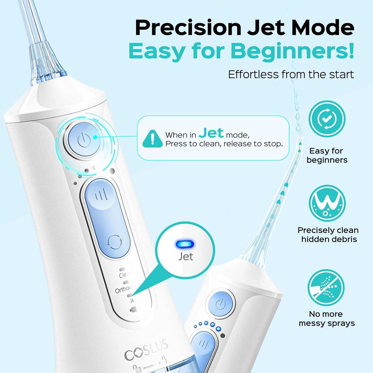 COSLUS Portable Water Flosser for Teeth: 3 Modes & 6 Pressure Settings Oral Irrigator with Jet Mode for Braces & Sensitive Gums, Compact for Travel, 300ML Tank for Multiple Users, Bpa-Free, White, C51 - White image number 6