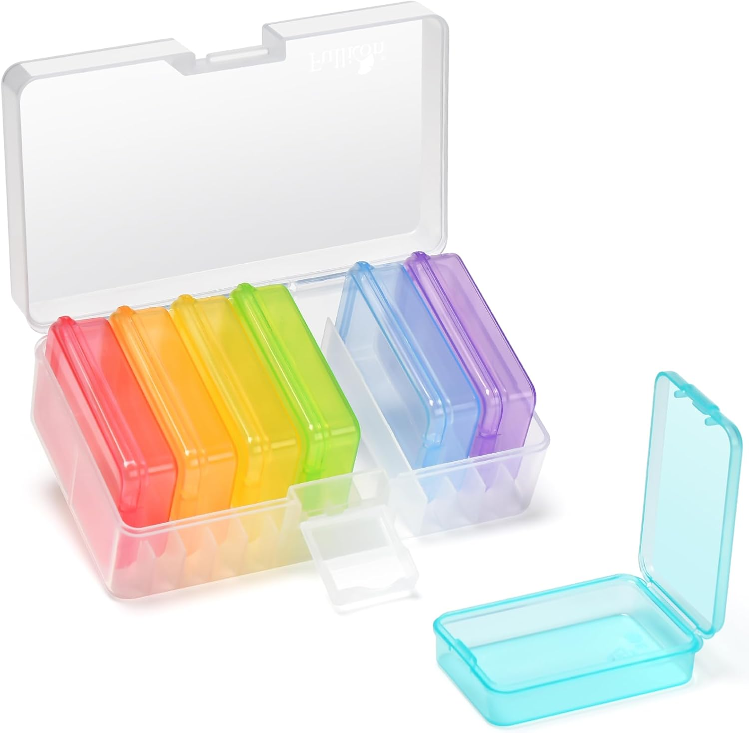 Fullicon Small Pill Case for Purse, Travel Medicine Pill Organizer, Weekly 7 Day Daily Pill Box, Pocket Pharmacy Pill Container Dispenser Holder with Labels (Black Rainbow)