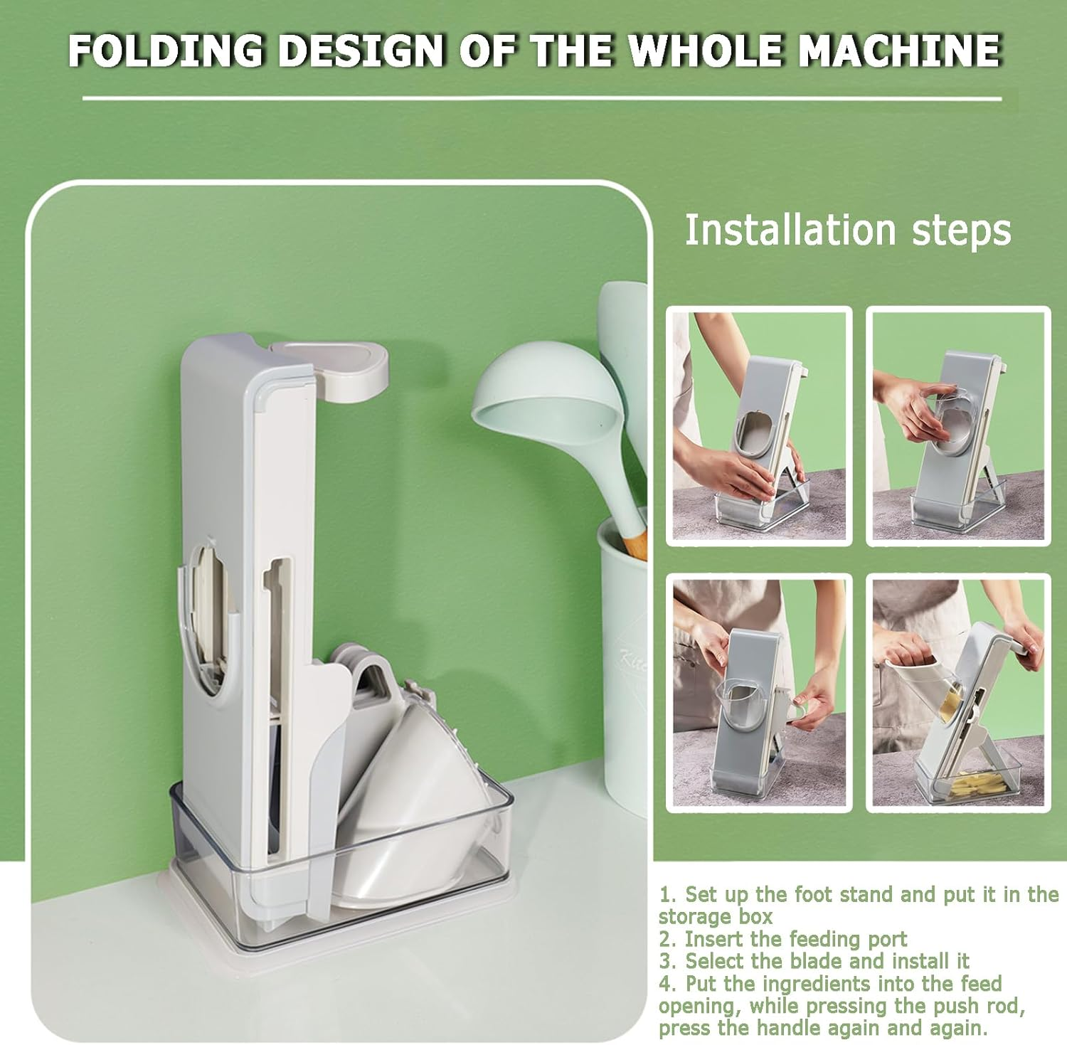 Vegetable Chopper, Multi-Function Manual Vegetable Cutter, Foldable Mandoline Vegetable Slicer with Crisper 3 Blades and Push Rod for Veggie Onion Potato Salad Food Chopper Chopper Kitchen Tools. image number 6