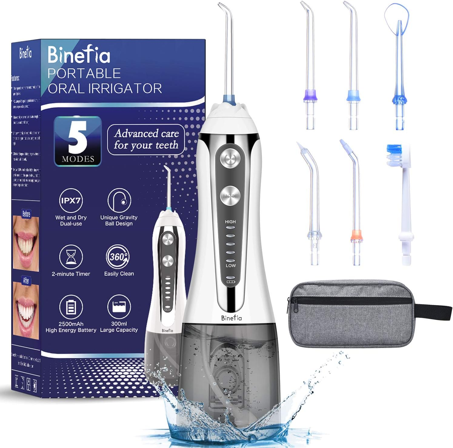 Water Flosser for Teeth Cordless with 5 Modes, Binefia 360&deg; Rotation Oral Irrigator, IPX7 Waterproof, 300ML & 6 Jet Tips Water Pick Teeth Cleaner, USB Rechargeable for 35-Days Use at Home/Travel image number 3