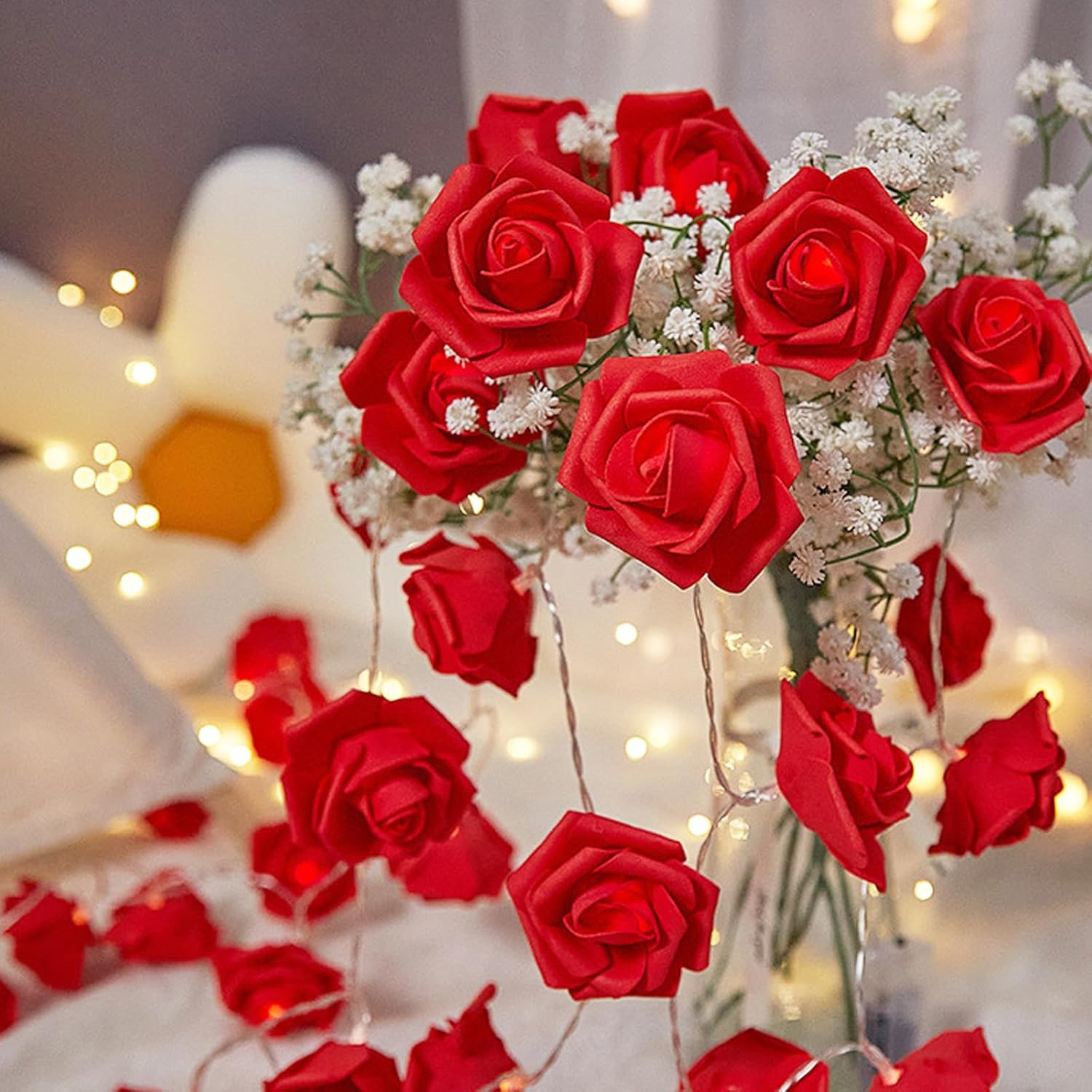 Cutitiuu Rose Flower Fairy String Lights,3.0M/30 LED Rose Fairy String Lights,Battery Powered,Bedroom Lights for Valentine'S Day Wedding Outdoor,Flower Strings Light for Wedding (Red+White)