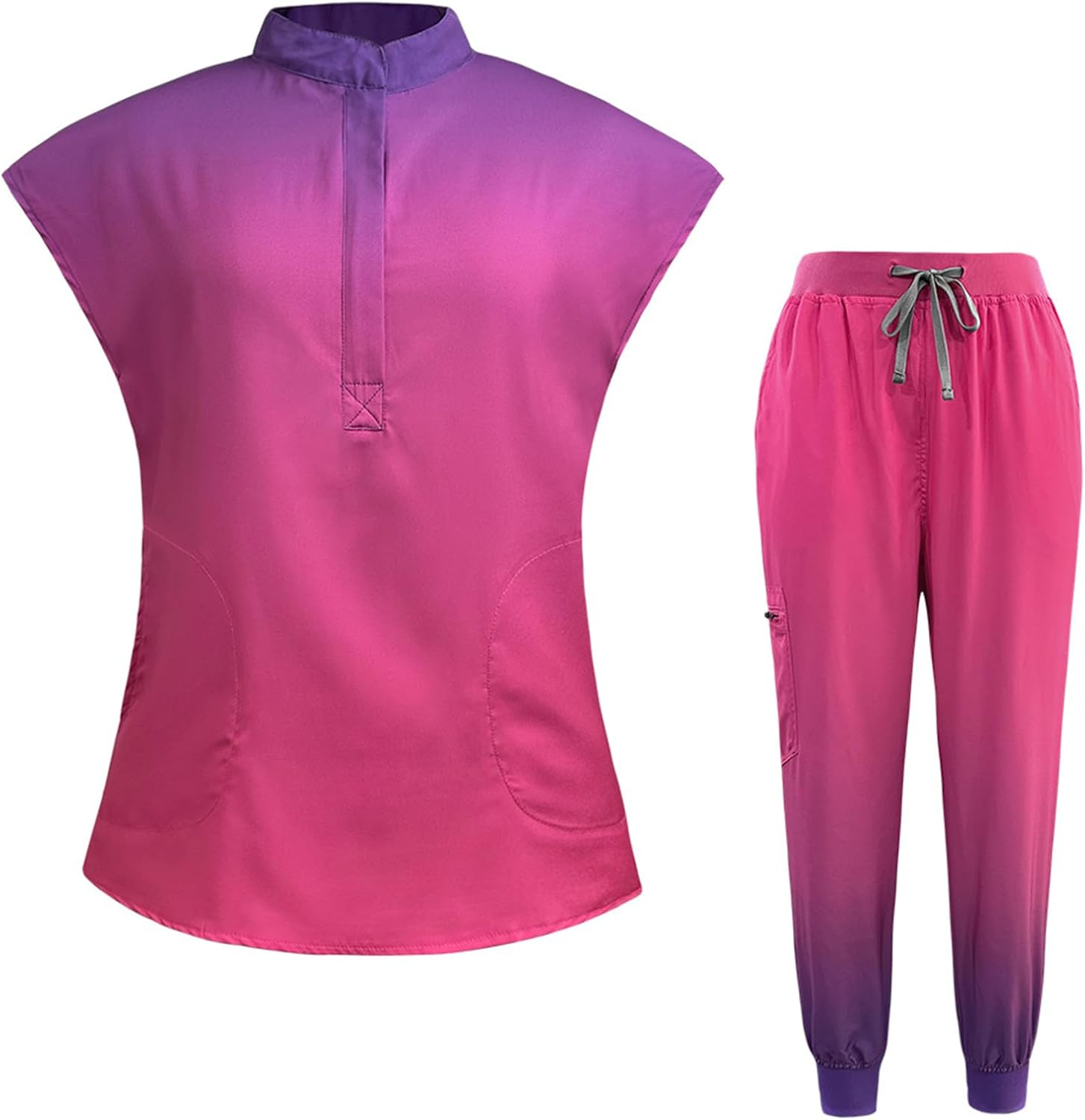 Meichoon Scrubs Set for Women Medical Uniform Set with Gradient Color Stand Collar Short Sleeve Top Elastic Jogger Pants Moisture-Wicking DK63