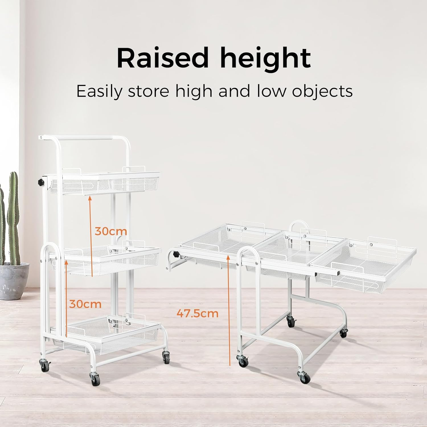 Levede 3 Tier Kitchen Trolley Cart Mobile Foldable Vegetable Storage Shelf Removable Basket, 90&deg;-180&deg; Rotatable Flat Rolling Fruit Organizer Rack with Brake for Living Room,Laundry,30Kg Capacity White image number 5