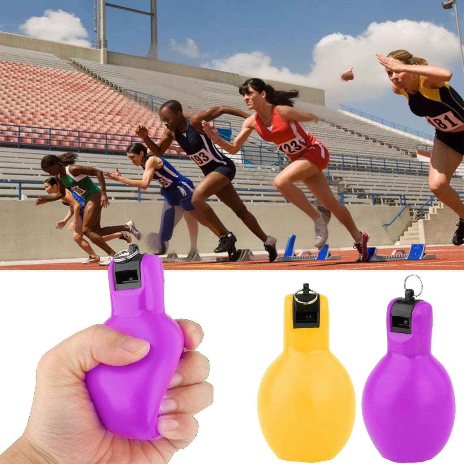 2 Pack Hand Squeeze Whistles Trainer Whistle Portable Loud Sports Whistle Coaches Whistle for Basketball Football Hiking (Yellow and Violet image number 4