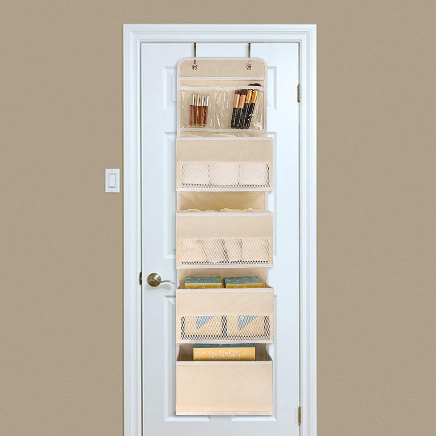 Over Door/Wall Mount 4 Clear Window Pocket Organizer, Brown (Coffee) - Beige image number 6