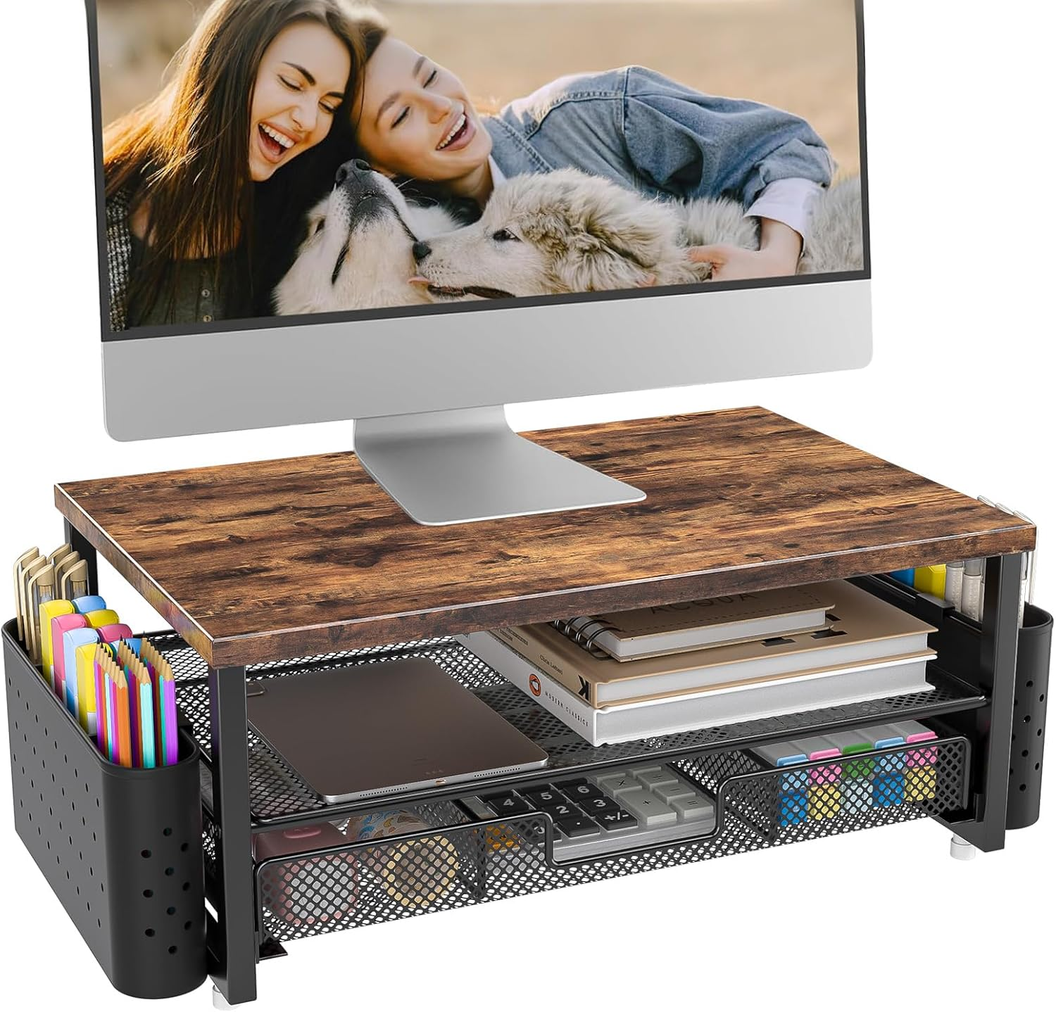 2 Tier Monitor Stand, 16 Inches Monitor Stand Riser with Drawer & 2 Pen Holders, Wooden Desktop Monitor Stand for Tv/Screen/Computer/Laptop image number 2