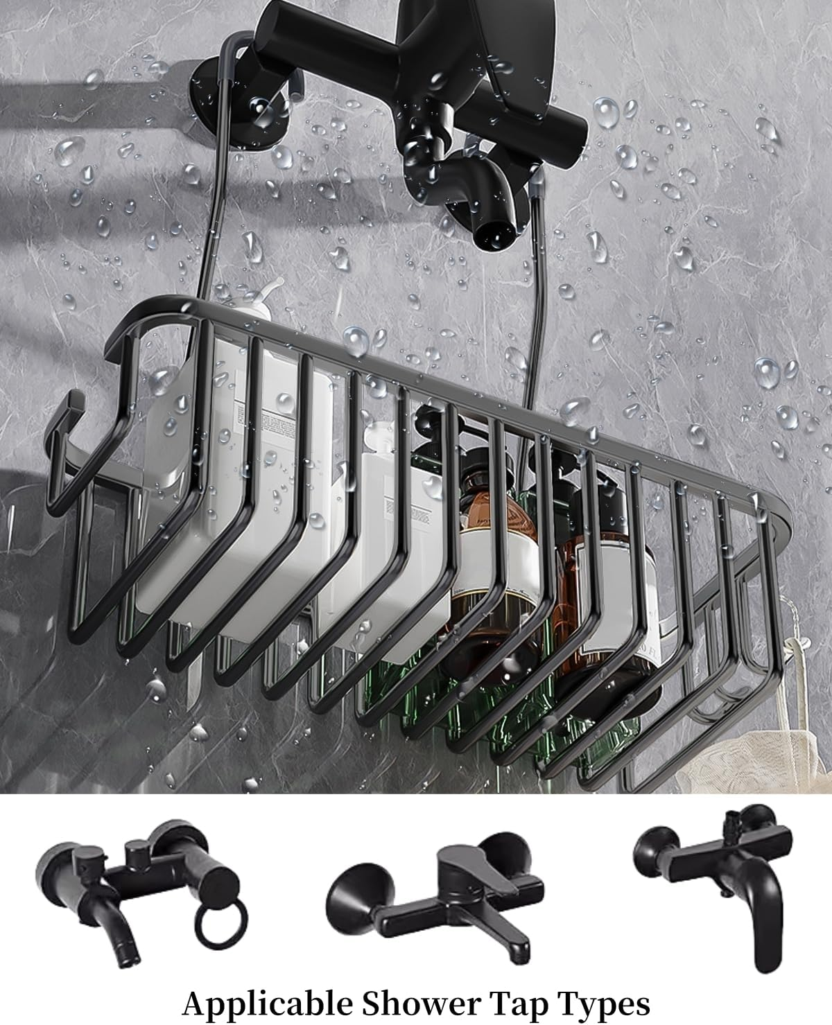 Hanging Shower Caddy for Bathroom Organizer, over the Shower Mixer Taps Hanging Shower Shelf without Drilling, Bathroom Caddy & Basket with 2 Hooks, Toiletries Organizer for Bathroom Storage - Black image number 6
