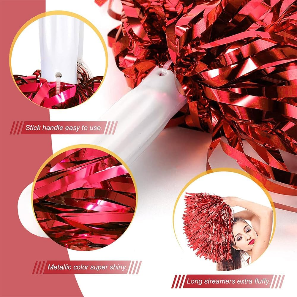 Cheerleader Pom Poms & Hair Accessories Set &mdash; 8-Inch Oversized Bow Hair Ties, DIY Handheld Flower Pom Poms, Cheer Bobbles & Hair Bows for Sports Teams, Dance Performances, Events （Red）