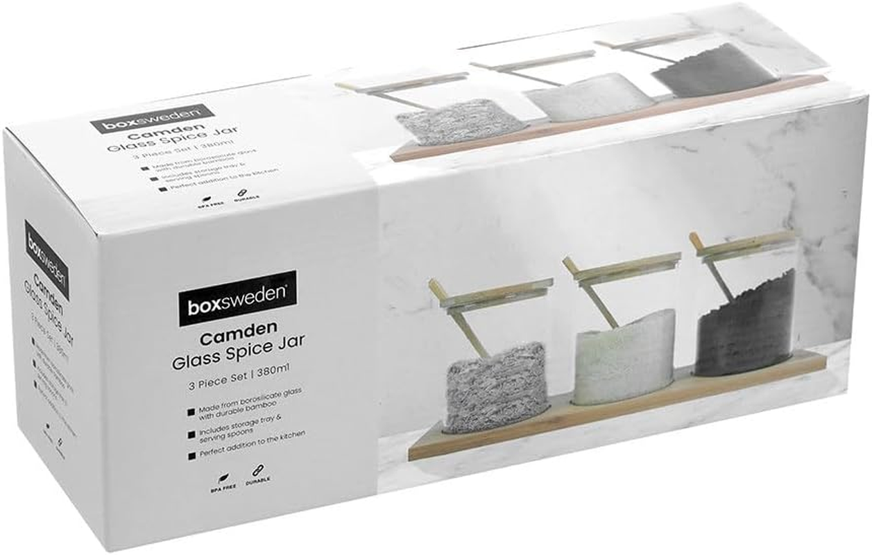 Lemon & Lime 380ML CAMDEN GLASS SPICE JAR 3PC SET BAMBOO TRAY with SPOONS image number 3