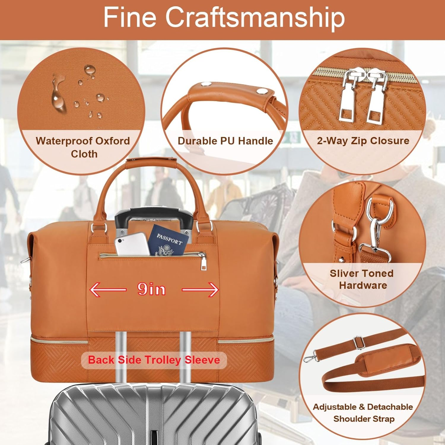 Weekender Bag for Women, Travel Duffel Bag Carry on Overnight Bag with Shoe Compartment Large Nylon Travel Weekend Tote Bag, 7-Brown, L, Weekender Bag for Women, Travel Duffel Bag Carry on Overnight image number 6