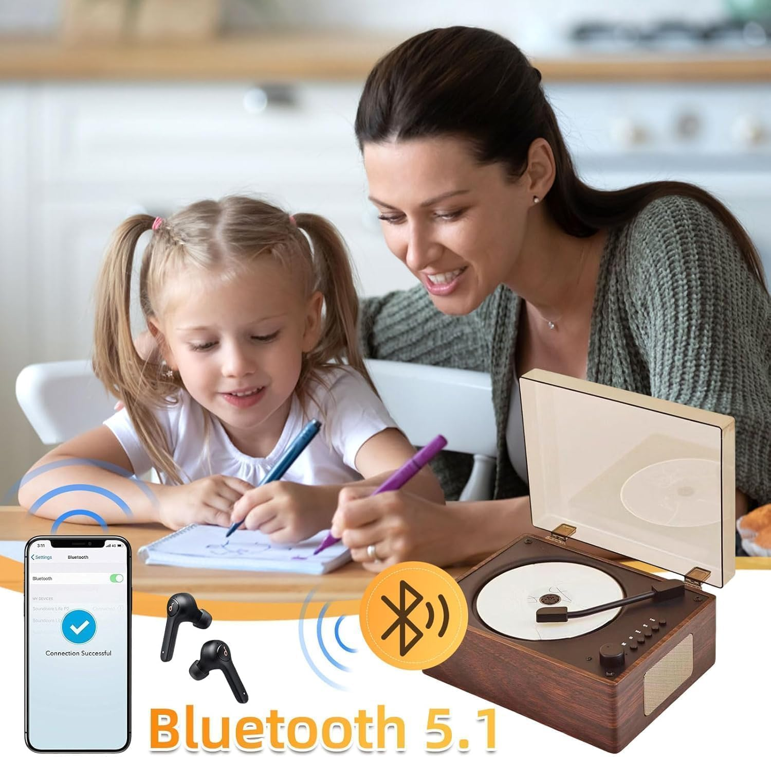Retro Portable CD Player with Dual Hifi Speakers, Bluetooth 2000Mah Rechargeable Wood CD Music Players for Home image number 4