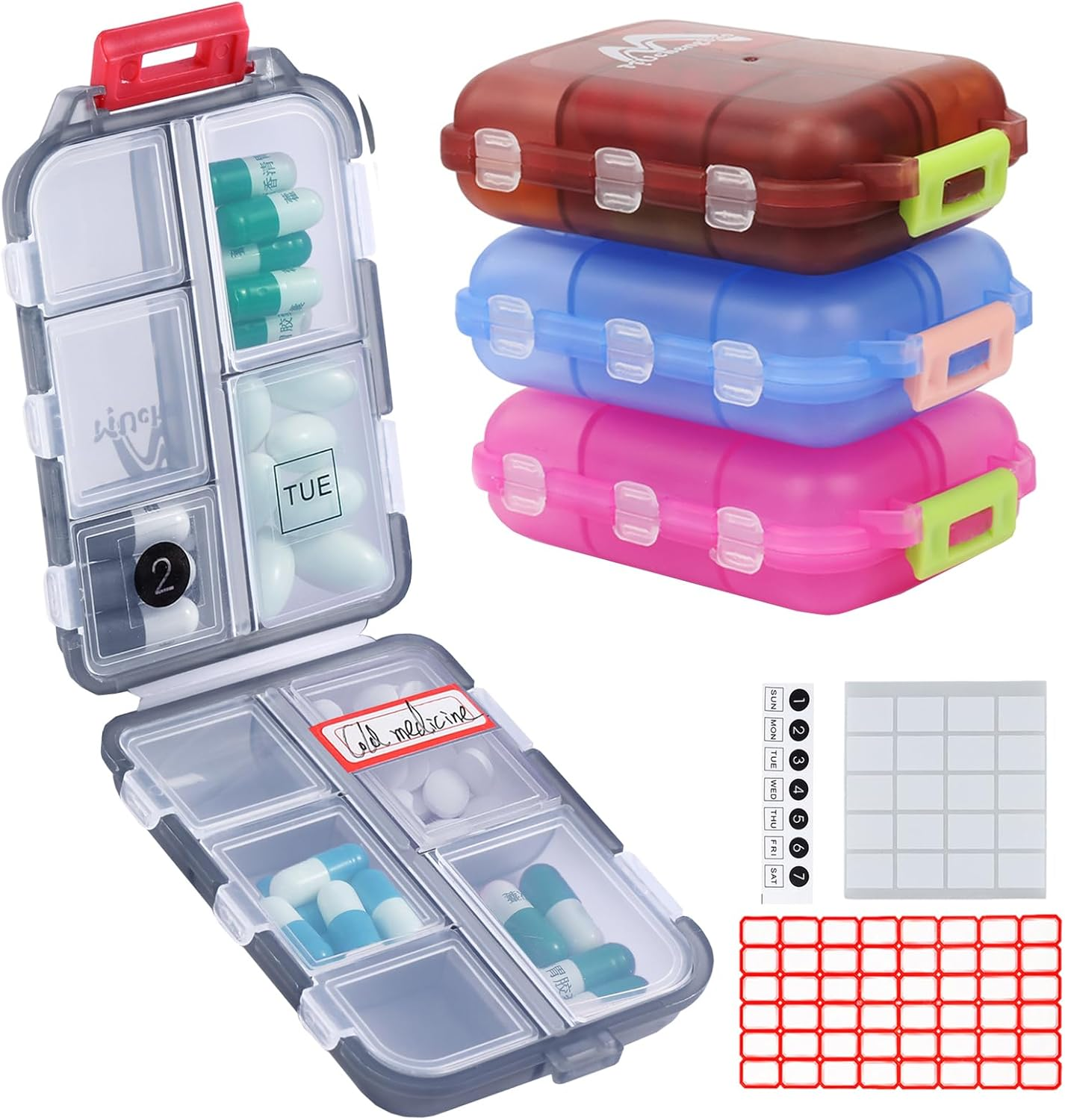 Muchengbaovier 7 Day Pill Box with 10 Compartments - Handy Medicine Box Easy to Open (Four Colours Mixed)