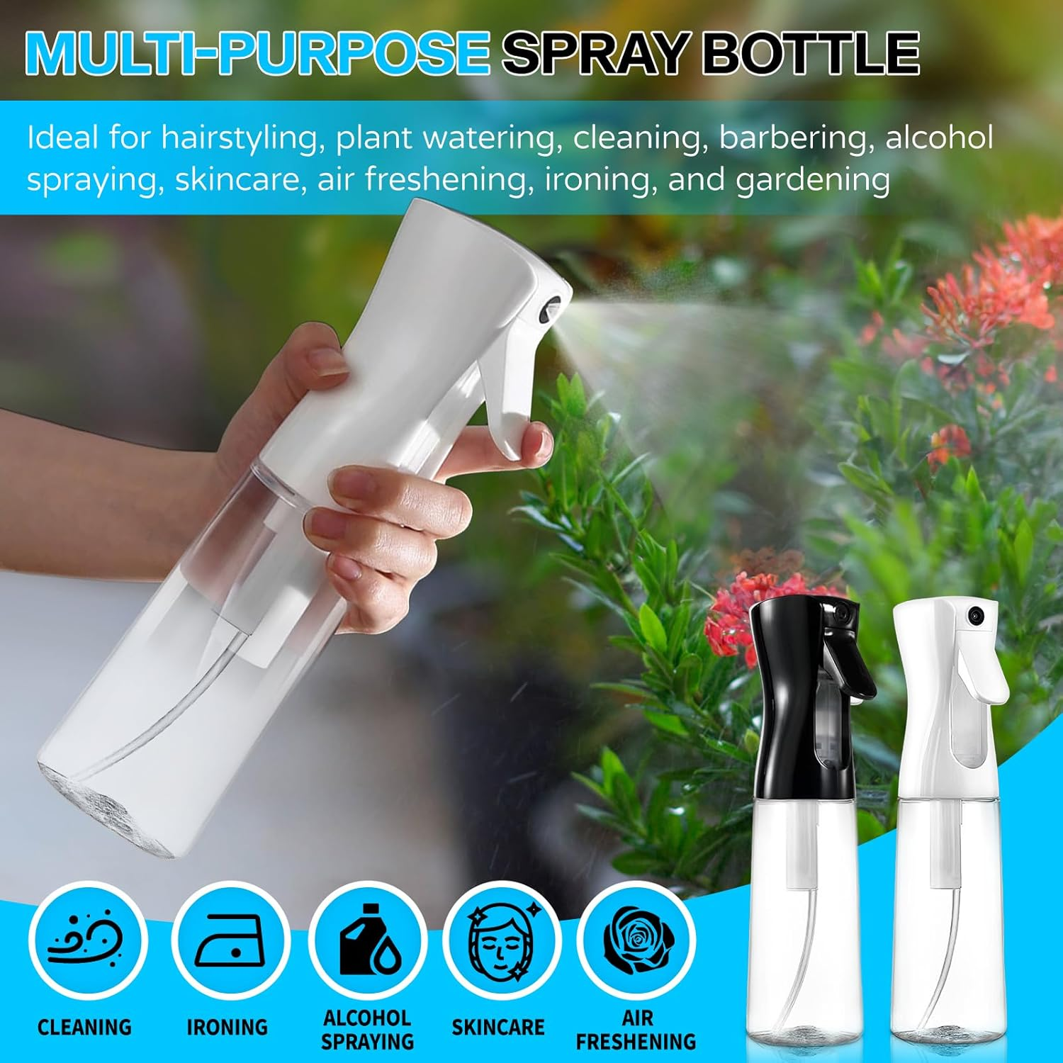 Continuous Spray Bottle for Hair - 2 Pack 200Ml/6.8Oz Empty Ultra Fine Mister Spray Bottles | Plastic Water Mist Sprayer for Hair Styling, Cleaning, Plants, Salons, Misting & Skin Care (White + Black) image number 1