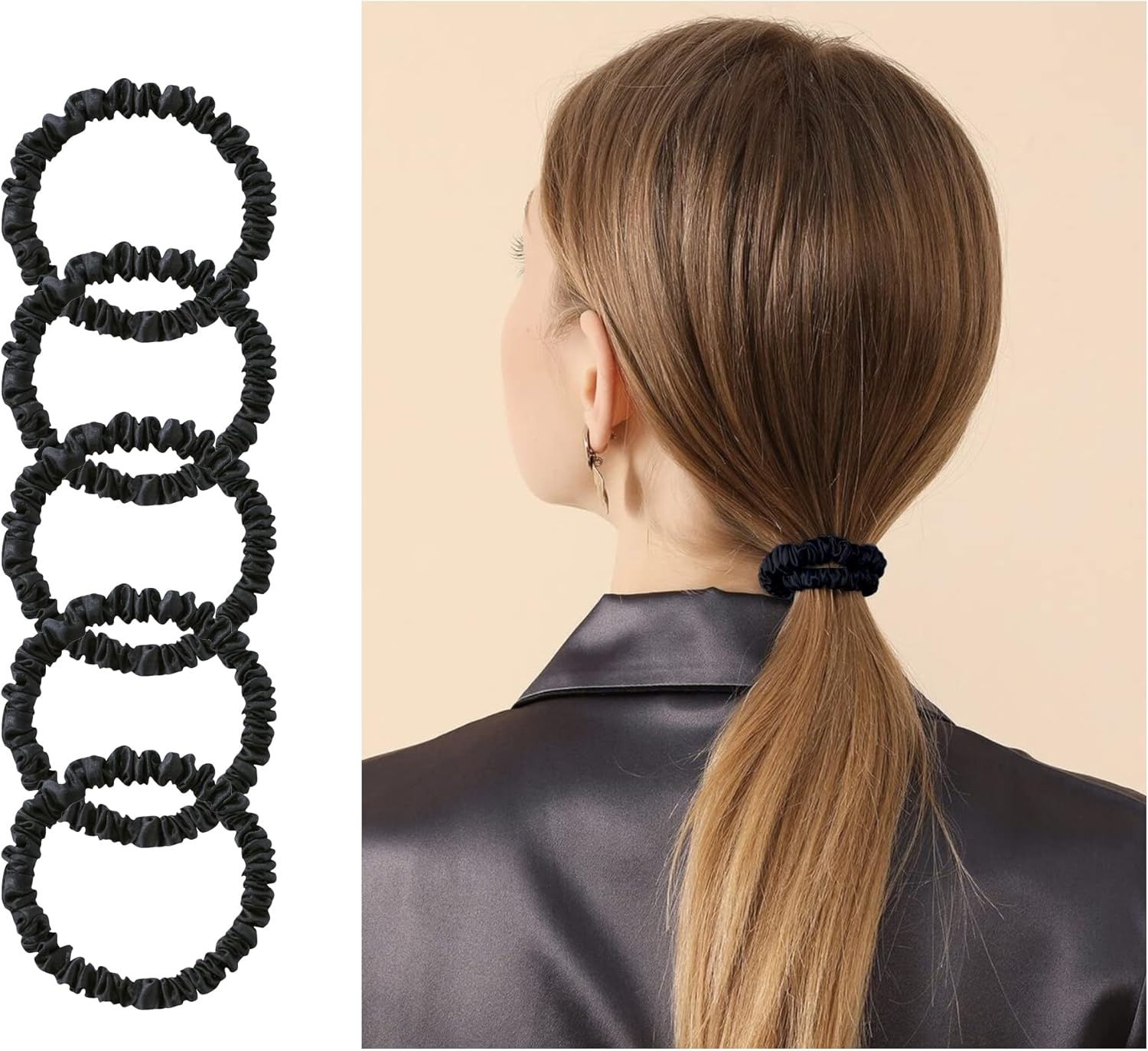Townssilk Silk Skinnie Scrunchies 100% Pure 22 Momme Mulberry Silk Hair Ties for Women Hair Friendly Luxurious Elastic Scrunchies Set(5 Scrunchies Black) - 5Pc-5 image number 2