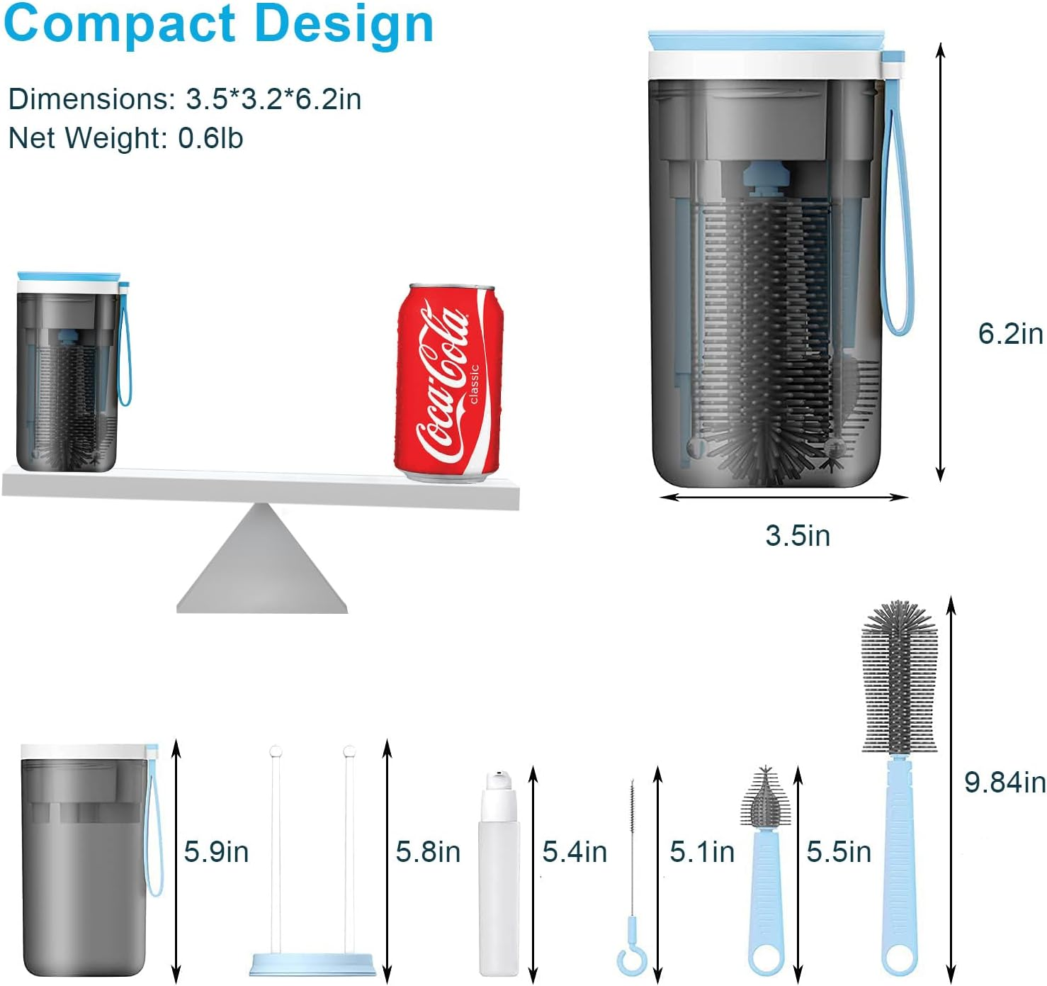 Travel Bottle Cleaner Kit, Baby Bottle Brush Set with Extendable Liquid Silicone Brush, Nipple Brush, Straw Brush, Drying Rack, Bottle Soap Dispenser, Baby Bottle Scrubber Brush for New Mom - Blue image number 5