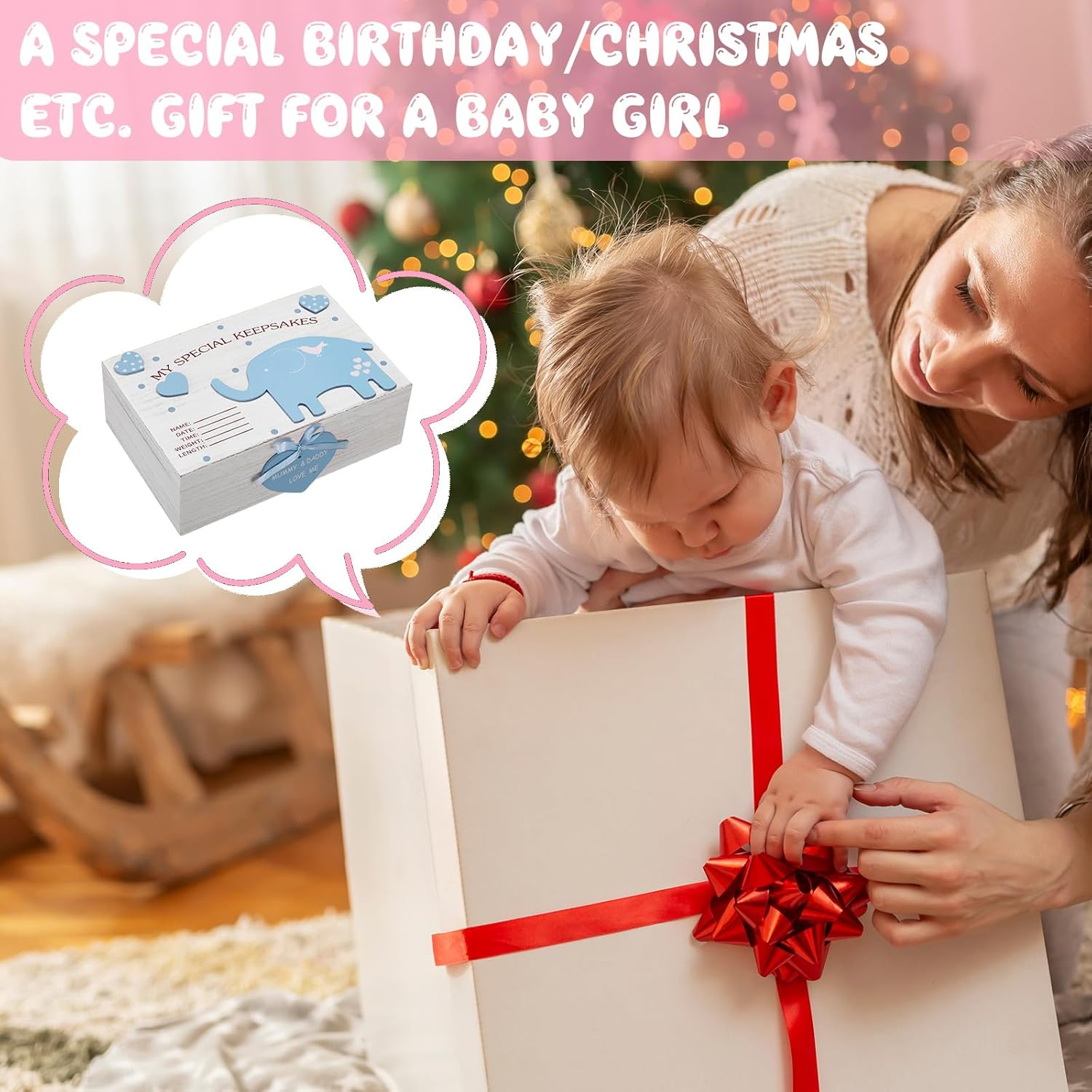 Soaoo 3D Wooden Baby Boys Memories Keepsake Box Baby Girls Elephant First Keepsake Box New Parent Newborn Baptismal Birthday Gift for Mementos 11.81'' X 7.87'' X 3.94''(Blue)