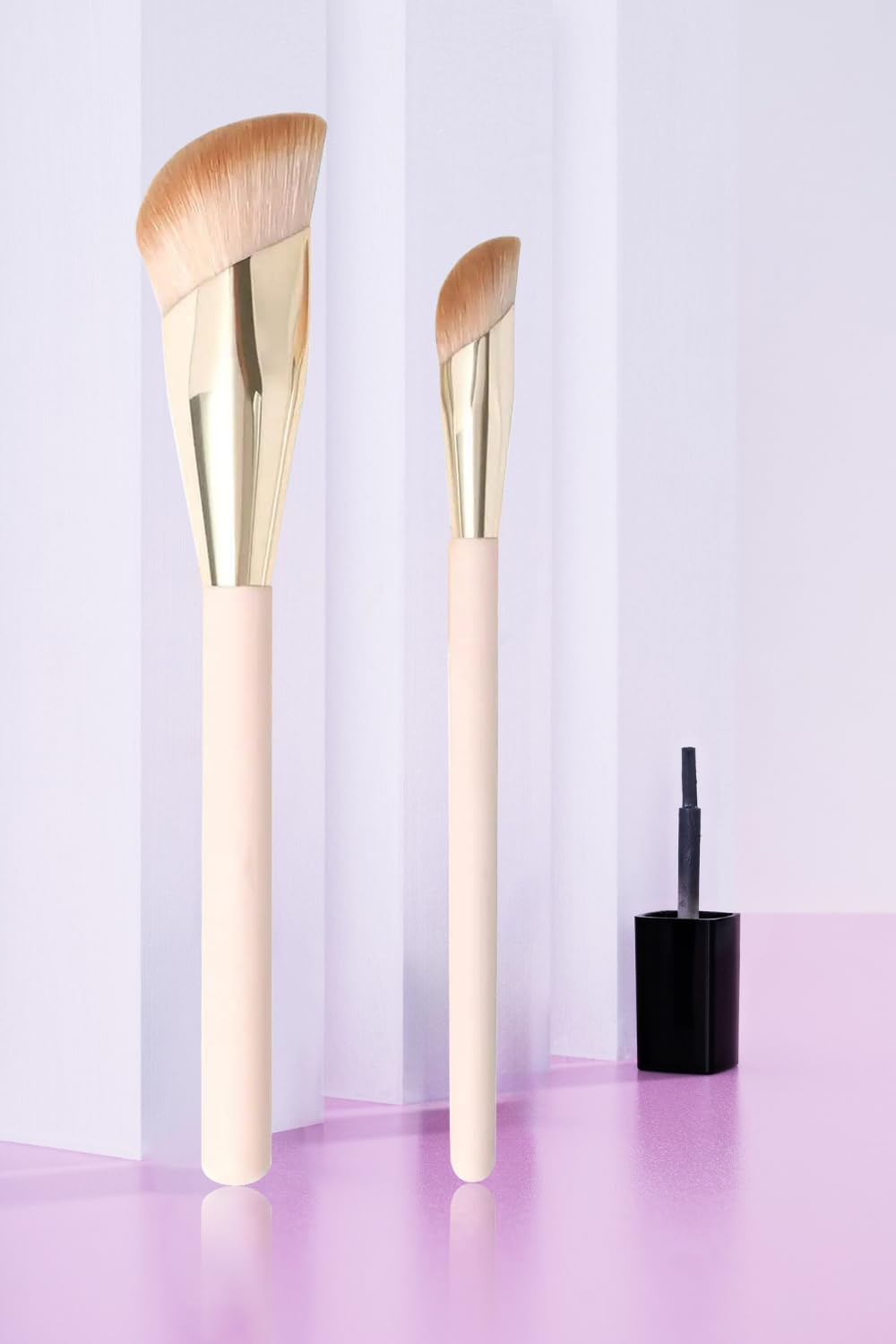 MYKAGS 2 Pcs Angled Cream Foundation & Small under Eye Concealer Brush Set, Oblique Golden Fluorescent Powder Foundation Make-Up Brush, Black Eye Circle Small Makeup Brush image number 3