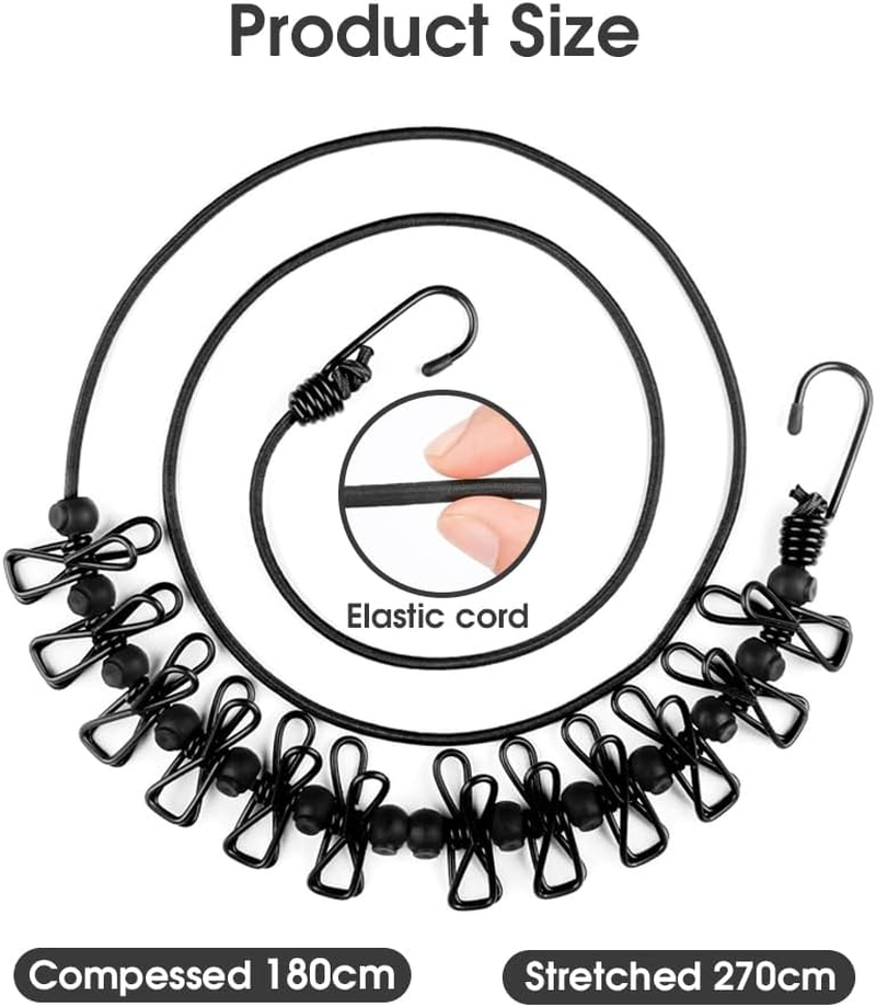 Portable Retractable Clotheslines with 12 Clothespins, Windproof Clothes Drying Line with 13 Anti-Skid Clips, Laundry Drying Line for Backyard Vacation Hotel Balcony (1Pack-Black) image number 5