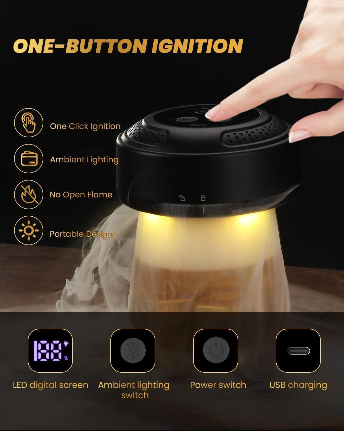 Electric Whiskey Smoker Kit, Kobuer Old Fashioned Smoker Kit, Built-In Lighter & Ambient Light, 4 Reusable Ice Cubes 6 Flavors Wood Chips, Gifts for Men Dad Husband Whiskey Lovers (Birthday/Christmas) image number 5