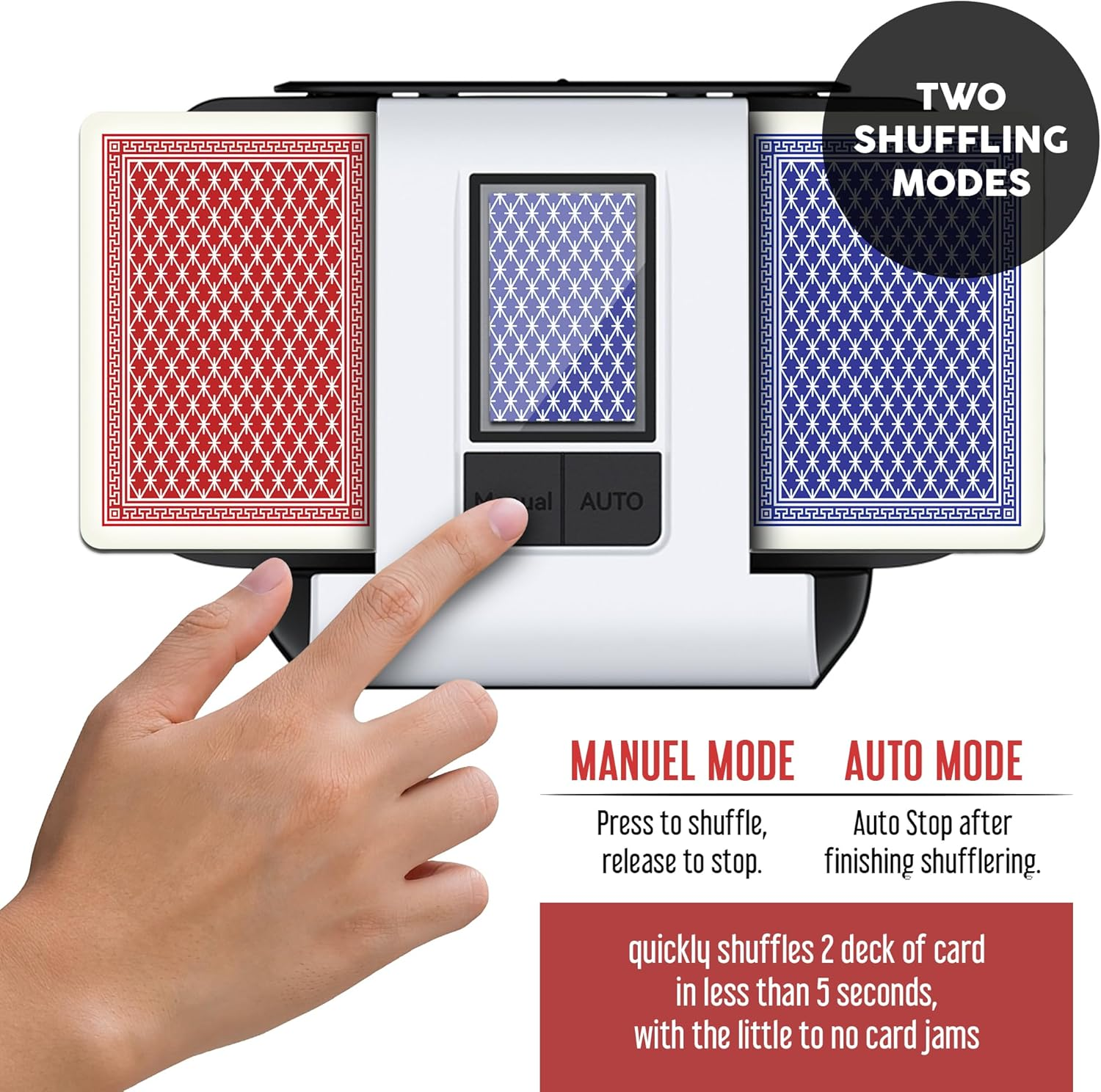 Automatic Card Shuffler for 1&ndash;2 Decks, Auto & Manual Modes, Ultra-Quiet, Rechargeable Card Shuffler Compatible with UNO, Monopoly, Phase 10 & Board Games image number 5