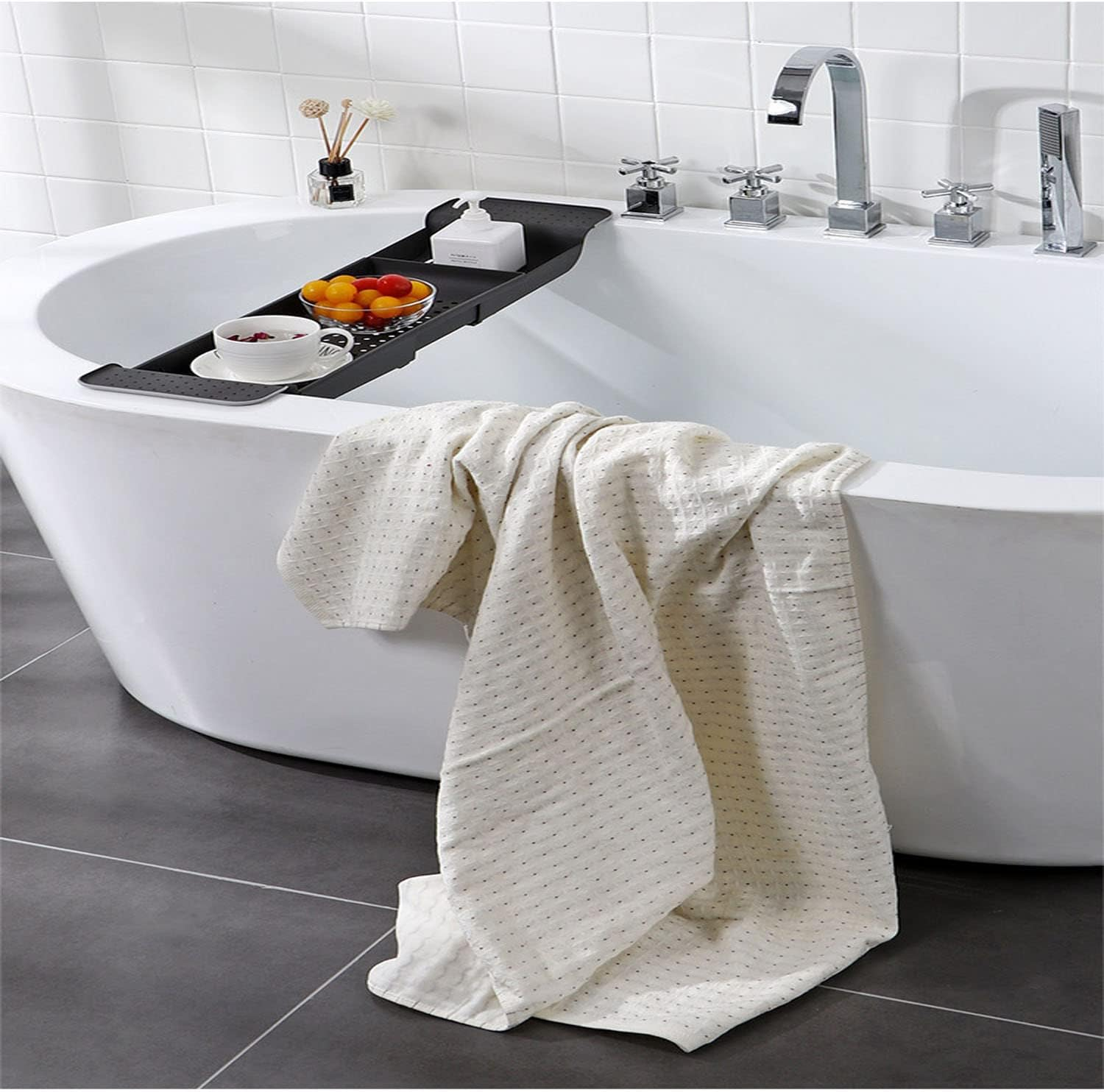 Bathtub Caddy Tray, Expandable Bath Shelf, Adjustable Plastic Bathtub Caddy, Bathroom Tray, Bathtub Accessories & Bathroom Gadgets for Candle Towel, Book, Wine, Phone, Shower