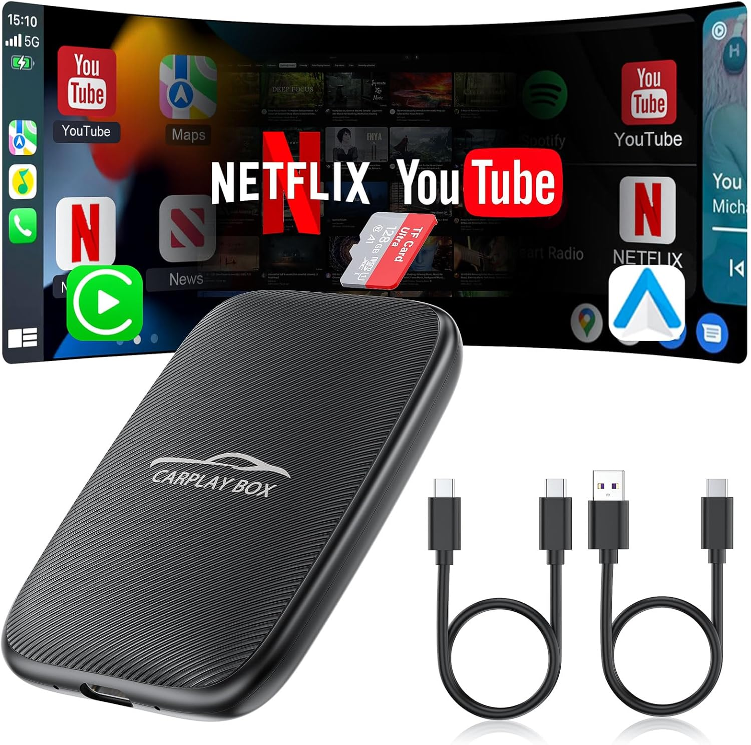 5-In-1 Carplay and Android Auto Wireless Adapter, Wireless Carplay Adapter with Netflix Youtube TF Card, Plug & Play, Easy Setup, Magic Video Ai Box for OEM Wired Apple Car Play Cars