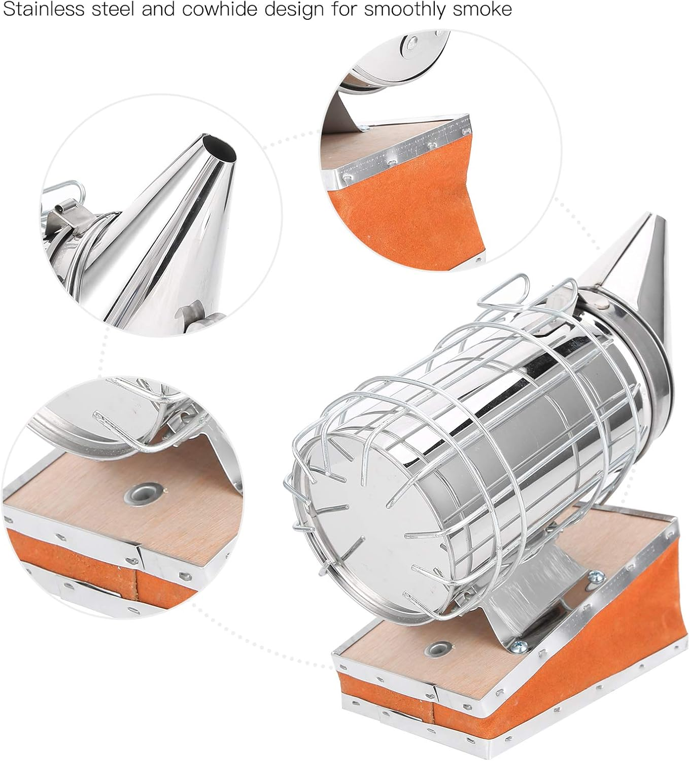 Stainless Steel Beekeeping Smoker, Large Pro Bee Smoker with Red Cowhide Smoke Storage Part, Mounting Hook, Easy to Carry and Store, Beekeeping Equipment for Beekeeper image number 4