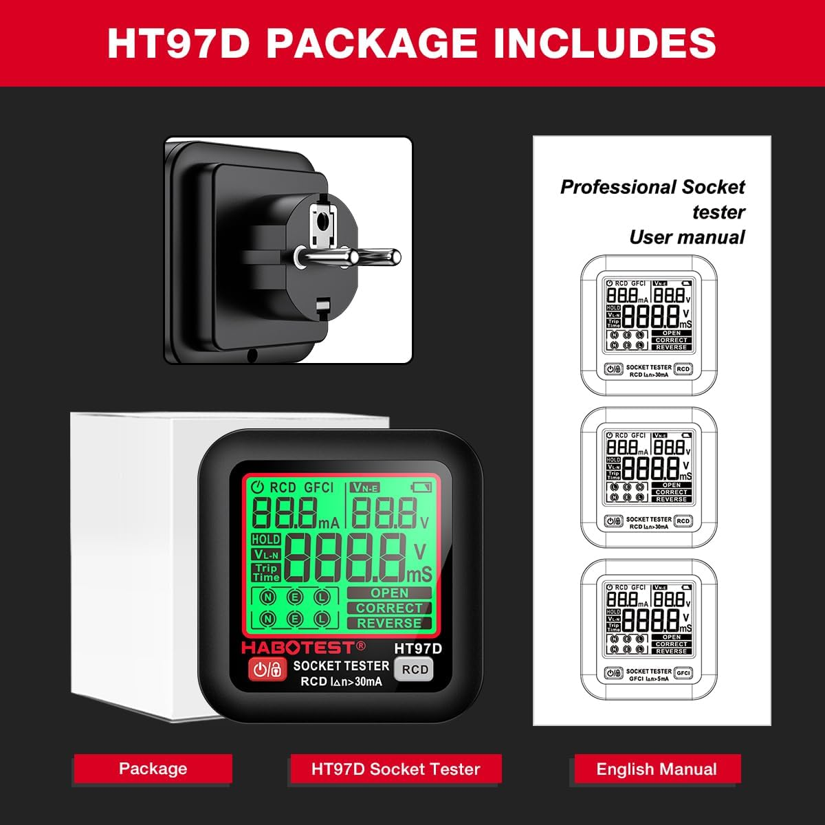 Irfora HT97D Digital Socket Tester Voltage Test EU Socket Detector Intelligent Leakage Test Multifunctional Phase Tester