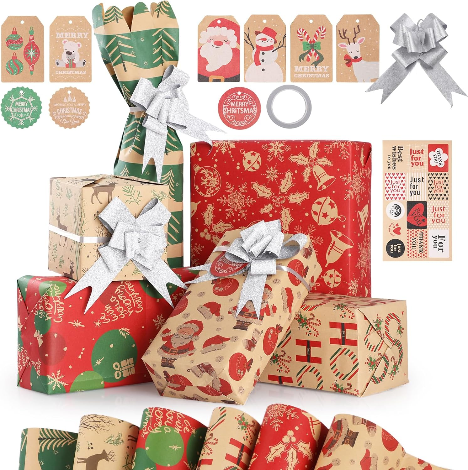 Wrapping Paper 50 * 70CM Xmas,Geeric 6PCS Wrapping Kraft Paper+Tape+9Tag+10Pull Bow+Renewable Santa Claus Snowflakes Vintage DIY Package Gift Box Decoration Paper for Christmas New Year Party