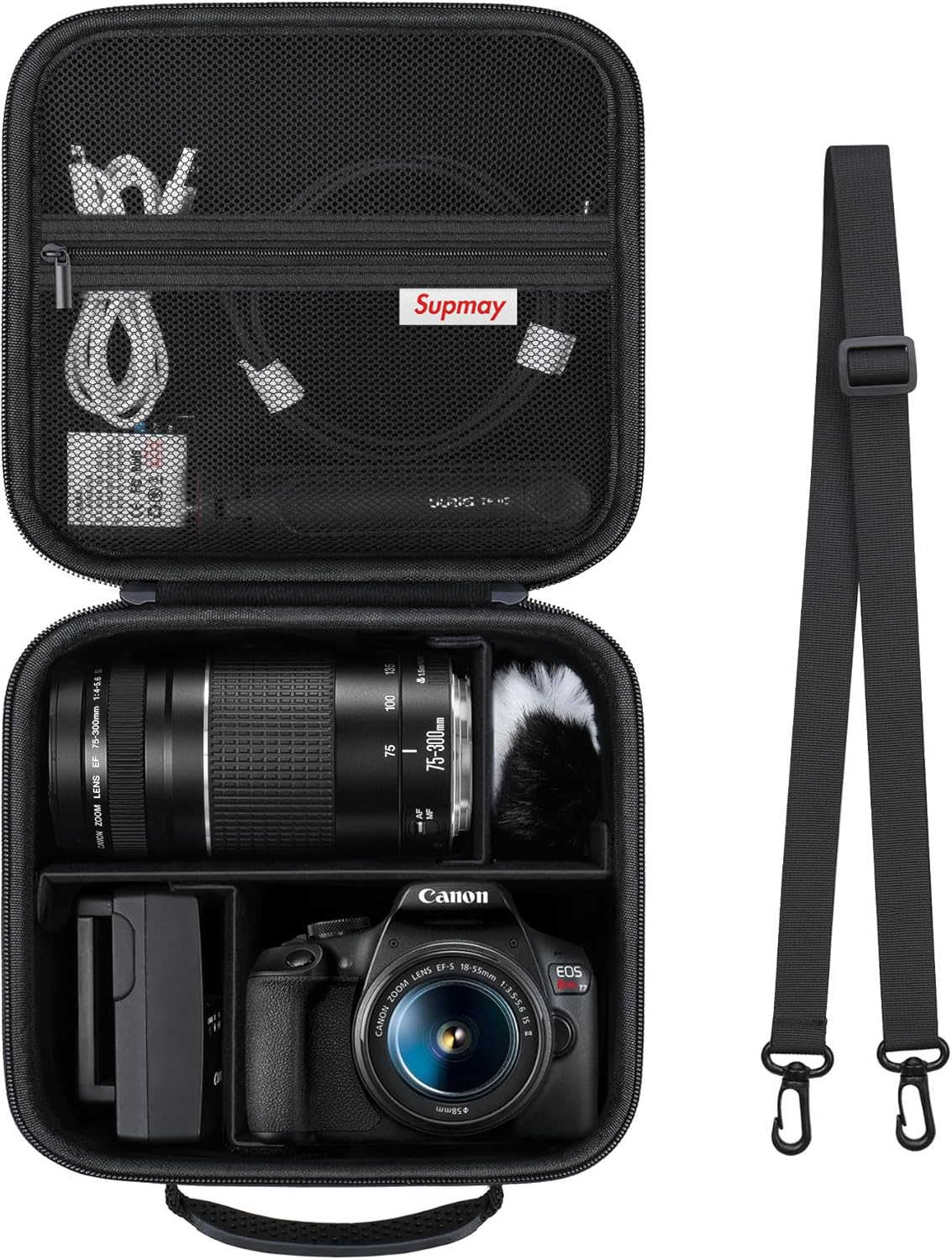 Supmay Hard Travel Case for Canon EOS Rebel T7 DSLR Camera/Eos R50 / R6 Mark II/ R100 / R50V / R8 / R7 / R10 Mirrorless Camera, Lens, Tripod with 3 Pieces of Dividers and Shoulder Strap, Black