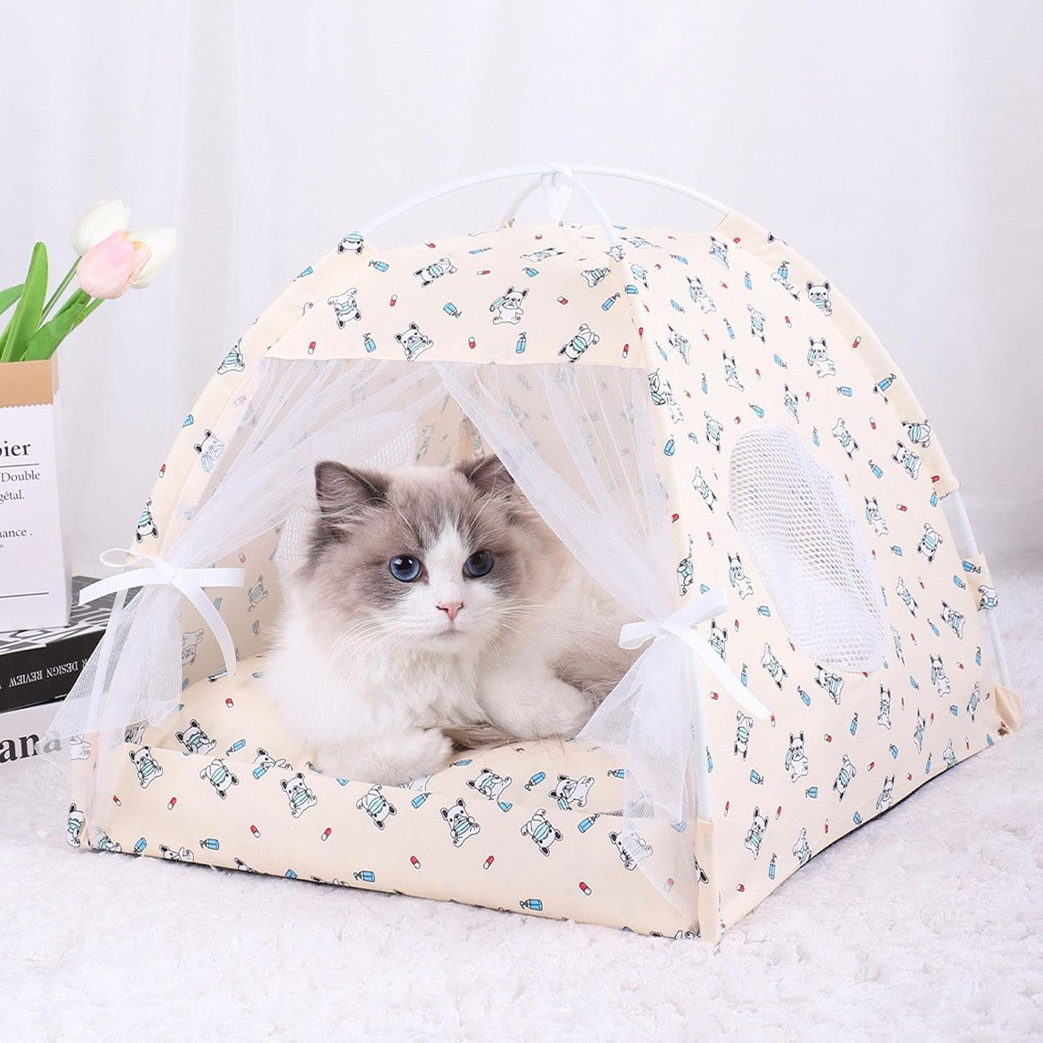 Qikam Cat Tent Bed - Pet Tent Cat Cave for Playing - Semi-Enclosed Dog Tent Bed, Movable Floral Pet Cave Nest for Small Puppy & Kitten image number 5
