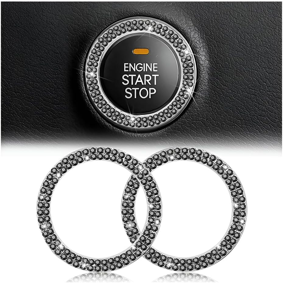 Car Bling Crystal Rhinestone Engine Start Ring Decals, 2 Pack Car Push Start Button Cover/Sticker, Key Ignition Knob Bling Ring, Sparkling Car Interior Accessories for Women (Double Purple)