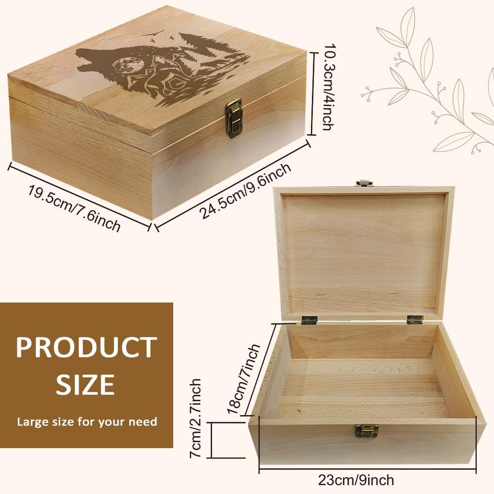 Arricraft 1 Pc Wooden Memory Keepsake Box, Wolf Howling Moon Pine Forest Flying Birds Pattern Storage Decorative Memory Wooden Box with Hinge Lids for Photos Dvds Letters Holding 24.5X19.5X10.3Cm image number 3
