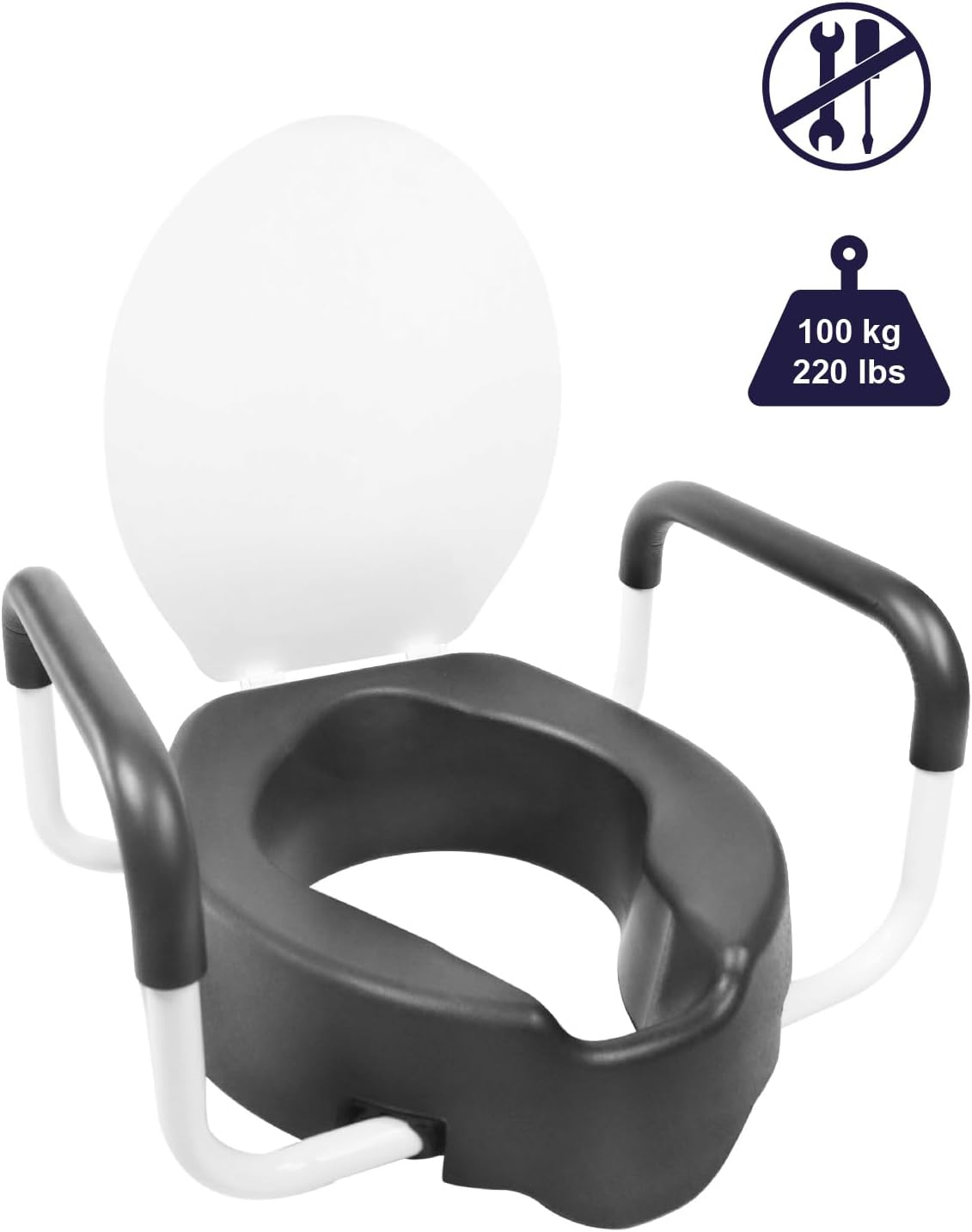 KMINA - Toilet Seat Riser with Handles (4", Soft), Raised Toilet Seat with Lid, Elevated Toilet Seats for Seniors, Toilet Seat Raiser, Elongated Toilet Seat, Raised Toilet Seat with Arms Black image number 1