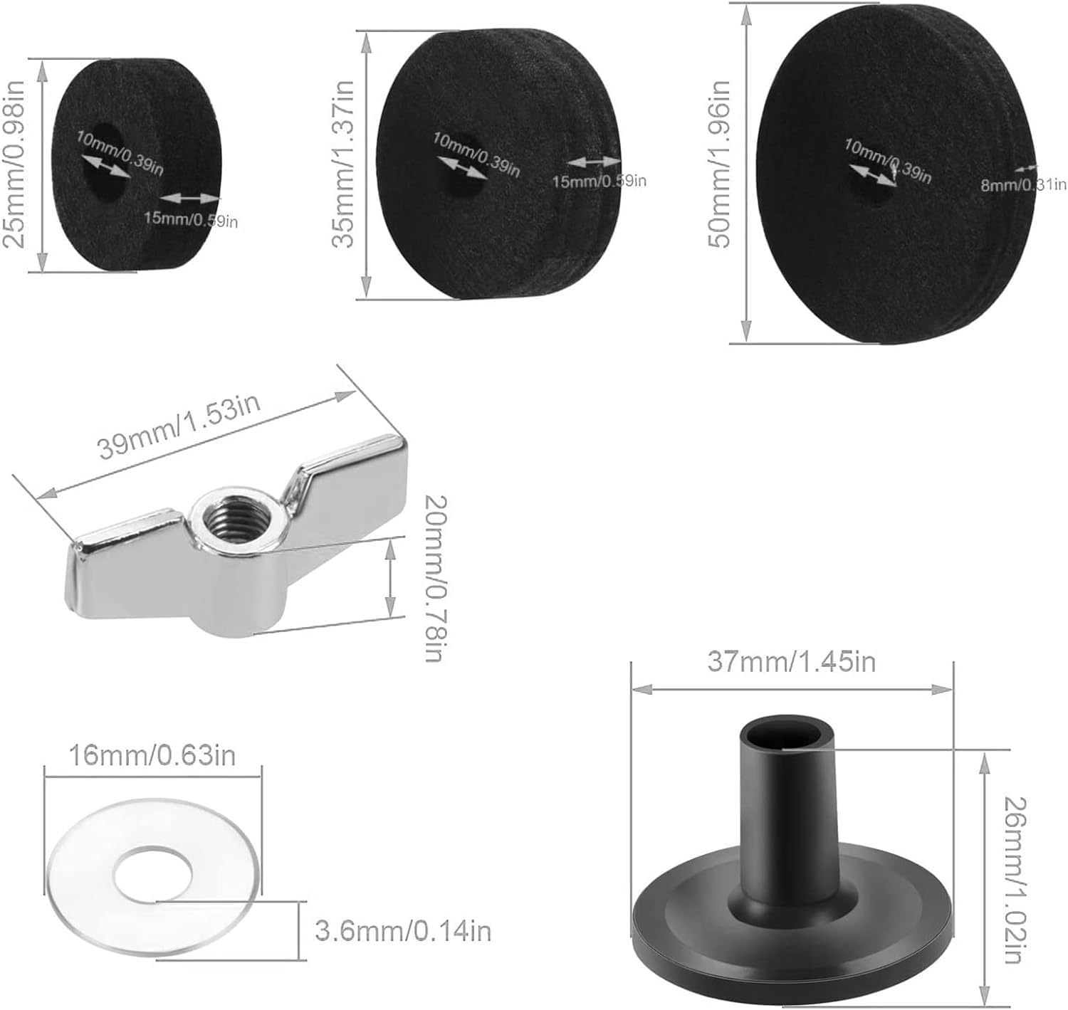 Frame Drum Felt Mat Set, 21Pcs Cymbal Replacement Accessories,Anti Slip,Felt Cymbal Sleeves with Base Wing Nuts, Washer, Sleeves and Base Wing Nuts Replacement for Drum Set image number 3