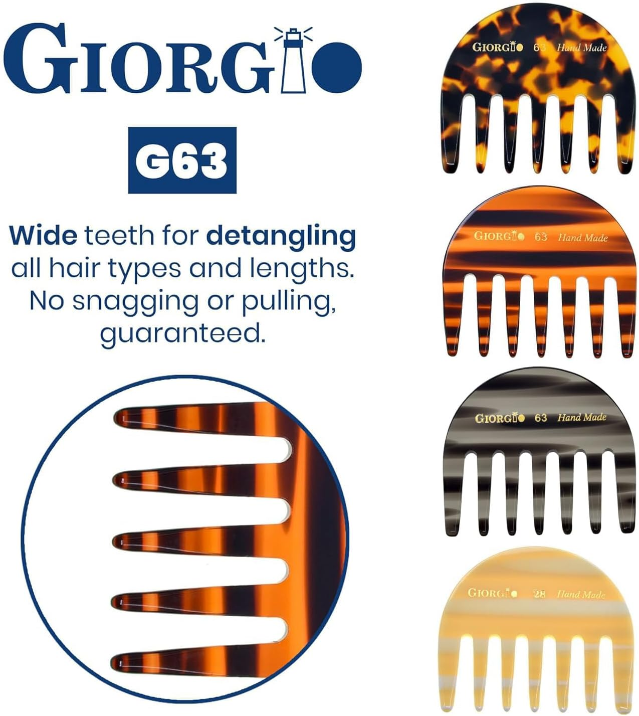 Giorgio G63 Graphite Detangling Comb for Women - Wide Tooth, Pocket and Travel Size for Thick Hair, Wet or Dry Everyday Hair Care. Handmade, Saw-Cut, and Polished Wide Tooth Comb for Women. image number 1