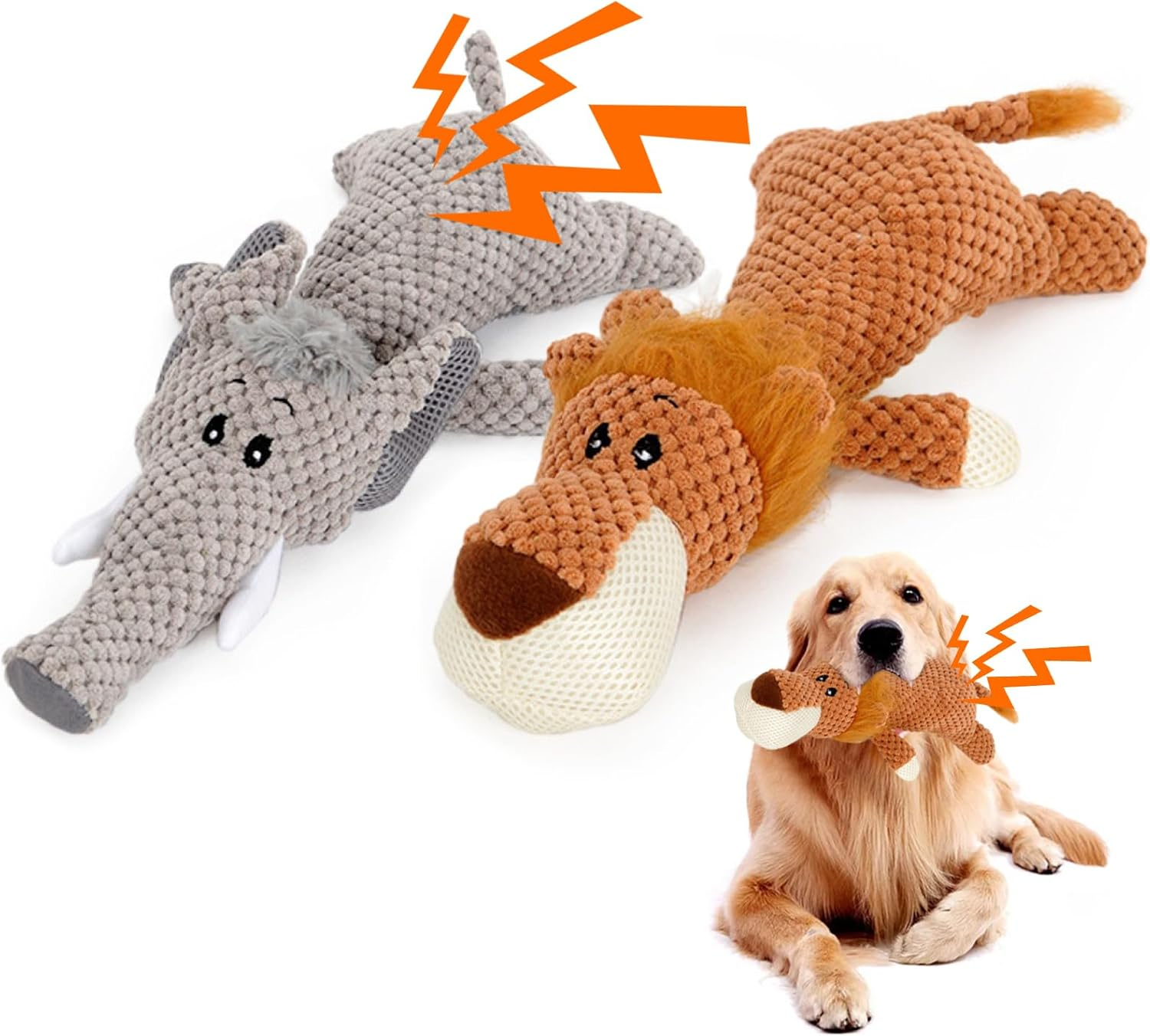 DBAILY Squeaky Dog Toys 2 PCS Plush Puppy Toy with Cotton Material No Stuffing Dog Toy for Aggressive Chewers Interactive Dental Cleaning Pet Chew Toy for All Breed Sizes Dog(Lion Elephant) image number 4