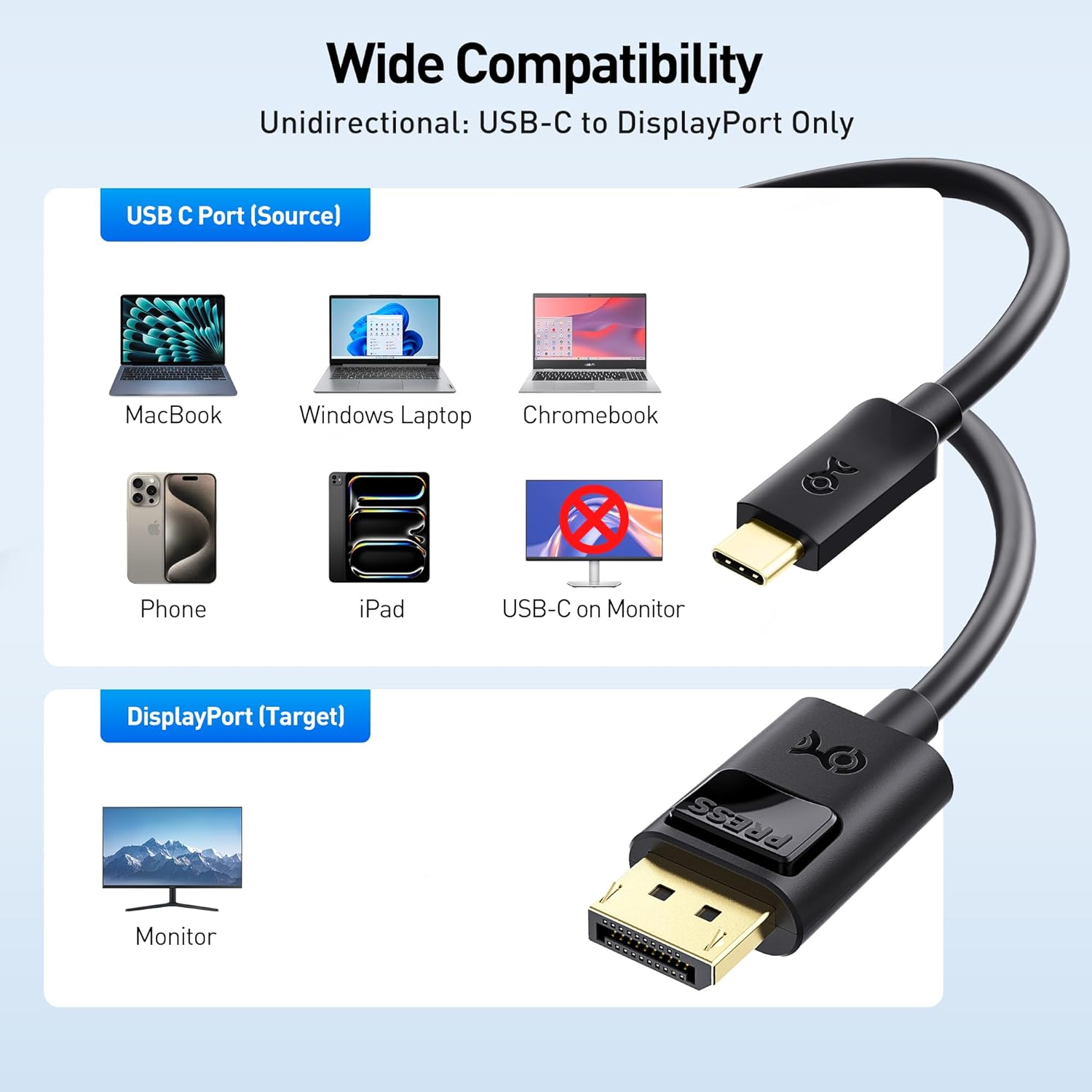 Cable Matters Unidirectional 8K USB C to Displayport Cable - 1.8M, 8K@60Hz / 4K@240Hz / DP 1.4, Thunderbolt 4 to DP 1.4 Cable, Display Port to USB C, Black - Not for Portable USBC Monitor image number 5