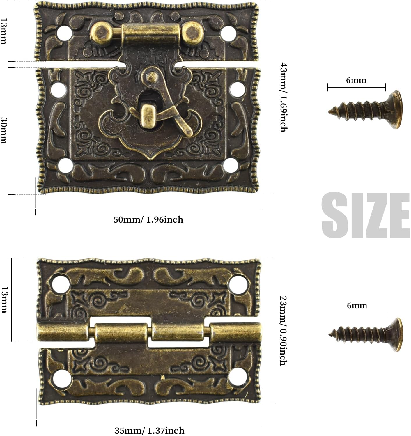 Rectangle Antique Right Hook Hasp Latch Vintage Bronze Engraved Hinge with Matching Screws for Repair and Decorative Jewelry Box Wood Boxes 4 Sets image number 1